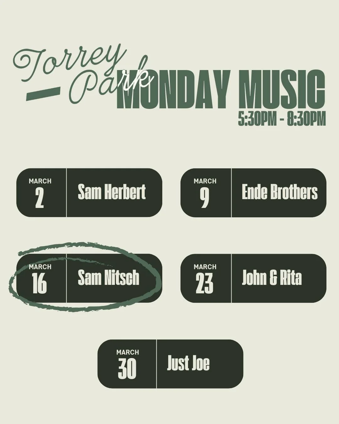 The perfect soundtrack for your evening 🎶 Join @samnitschmusic performing live tonight at Torrey Park.

Make it a night out &mdash; grab dinner, enjoy a cocktail, and settle in for the music. Reservations your table at the link in our bio! ✨