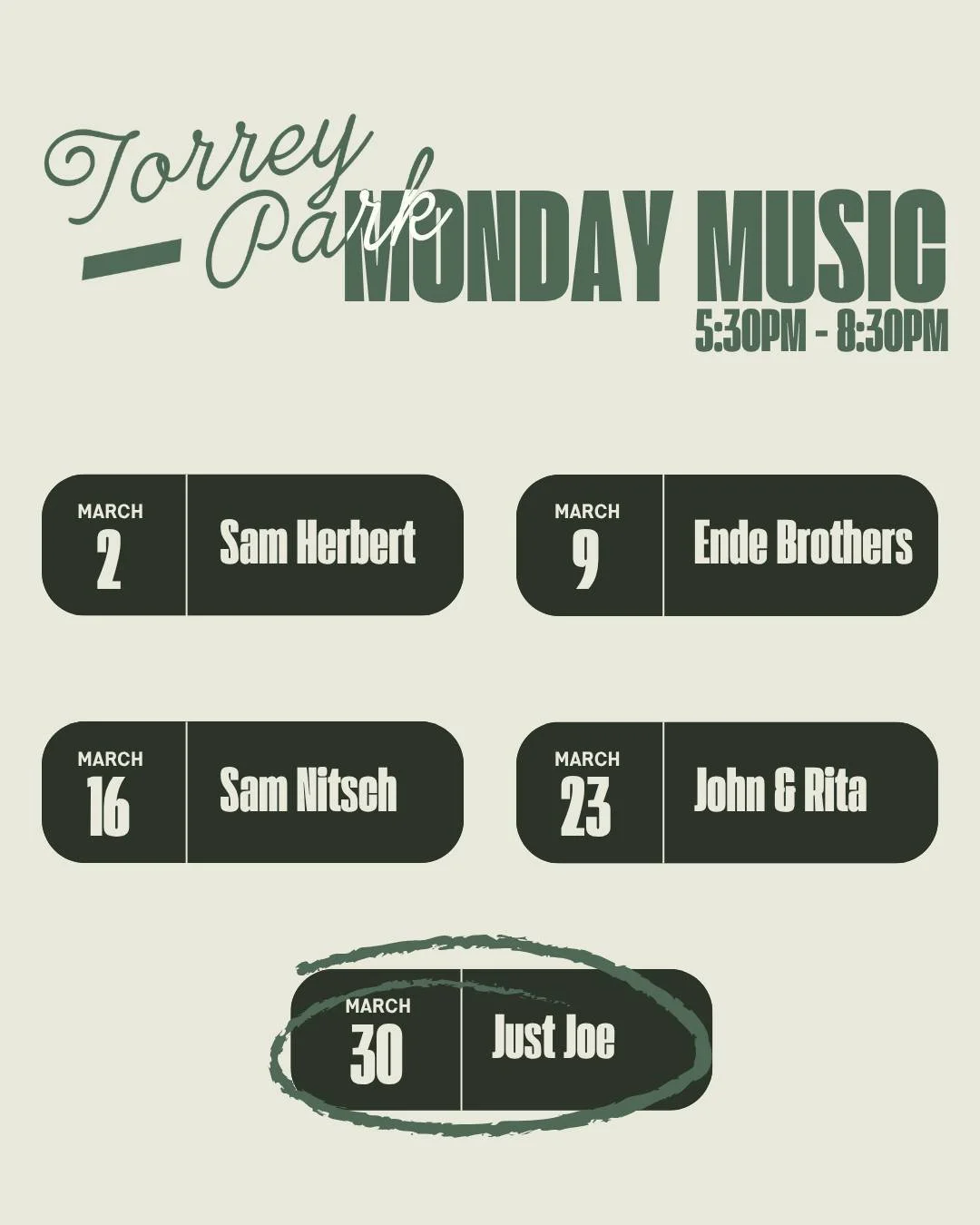 We&rsquo;re ending the month on a high note 🎶🎤

Join us tonight for live music at Torrey Park as Just Joe takes the stage from 5:30&ndash;8:30 PM! Text your friends, reserve a table, and settle in for a great night of music and food!