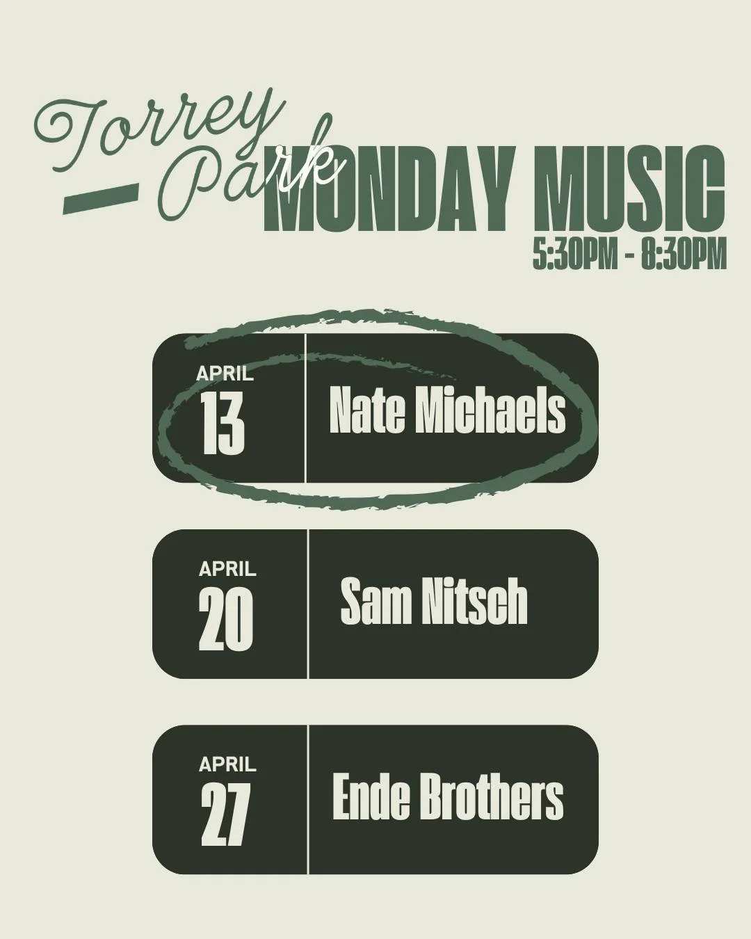 Monday just got a little better - @natemichaelscountryman is hitting the stage at Torrey Park tonight from 5:30-8:30pm! Will you be attending?! 🎤🎼