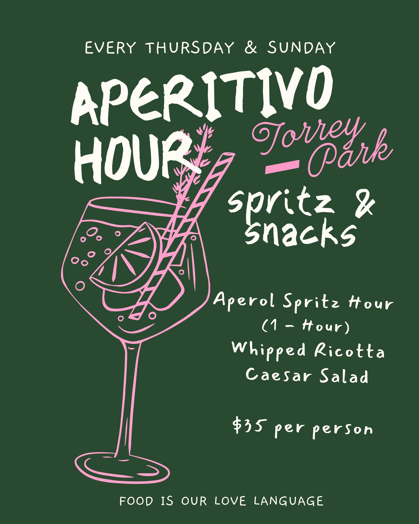 Thursdays and Sundays just got a whole lot better 🍊✨ Join us for Aperitivo Hour at Torrey Park &mdash; spritzes, snacks, and the perfect excuse to linger a little longer.

Can't wait til Thursday? Join us tonight from 5:30-8:30pm for live music by @