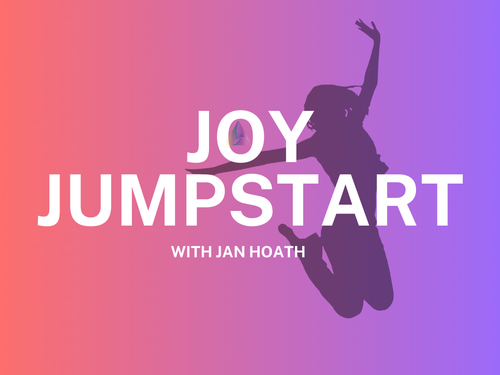 Silhouette of a person jumping in the air with a colorful gradient background, text reads 'Joy Jumpstart with Jan Hoath'.