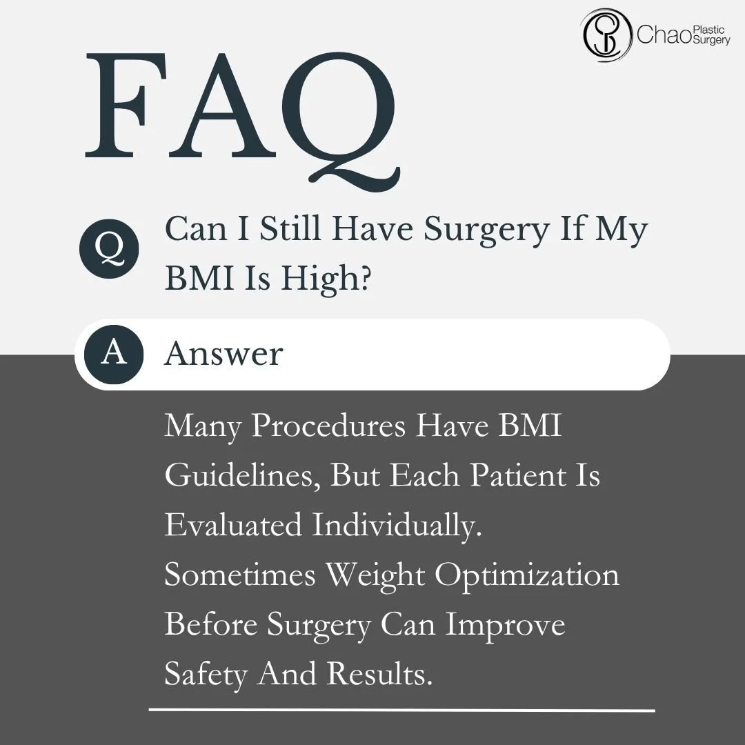 Body Mass Index (BMI) plays an important role in determining surgical candidacy and predicting optimal outcomes. At Chao Plastic Surgery, Dr. Chao evaluates each patient individually, considering BMI alongside overall health status, realistic goals, 