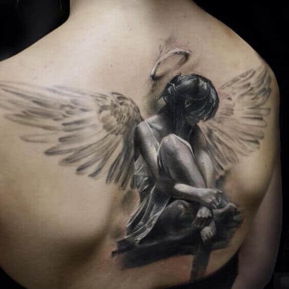 Black  White Flying Guardian Angel Tattoo on Man Shoulder  Half Sleeve