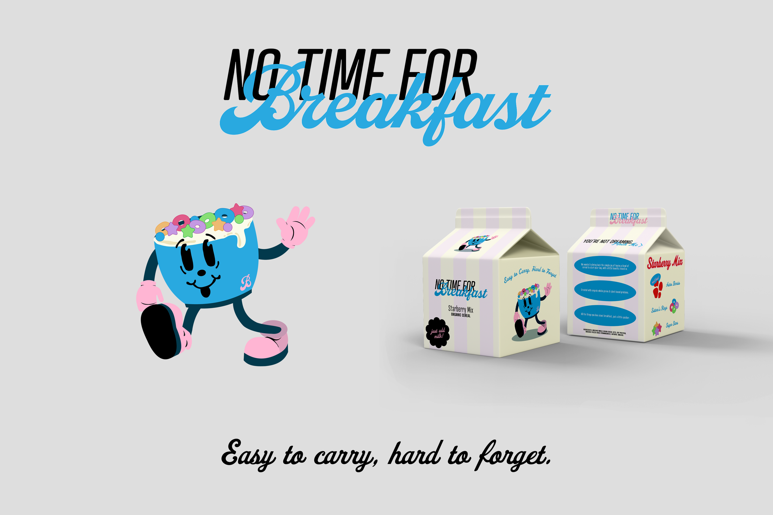 A cartoon cereal box with a happy animated bowl of cereal character, and a real cereal box packaging with illustrations and text, promoting a breakfast product called 'No Time for Breakfast' Strawberry Mix, on a light gray background.