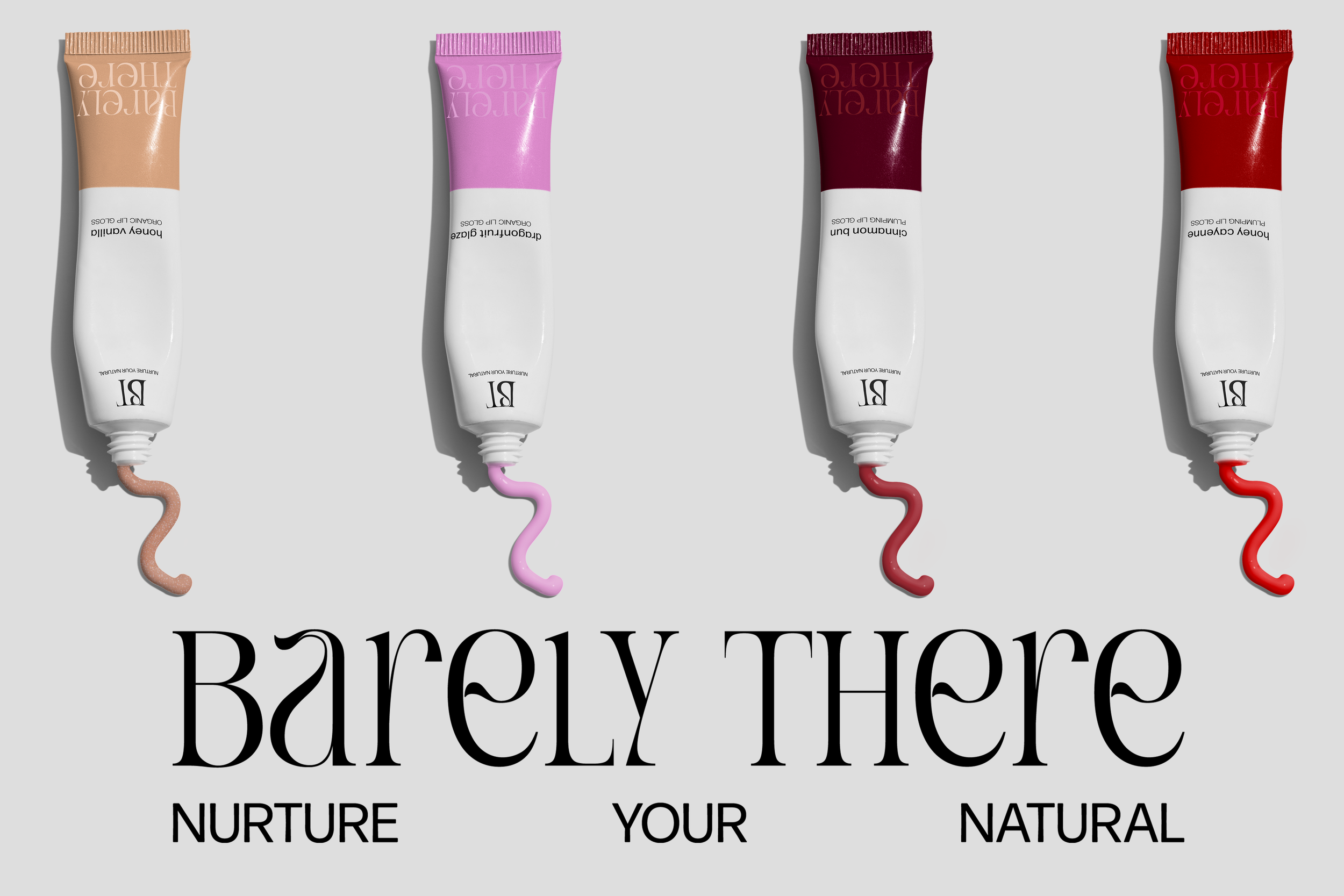 Four tubes of BB cream with swatches of different shades coming out, arranged from left to right in beige, pink, burgundy, and red. Below, bold text reads 'barely there' with smaller words beneath spelling out 'NURTURE YOUR NATURAL'.