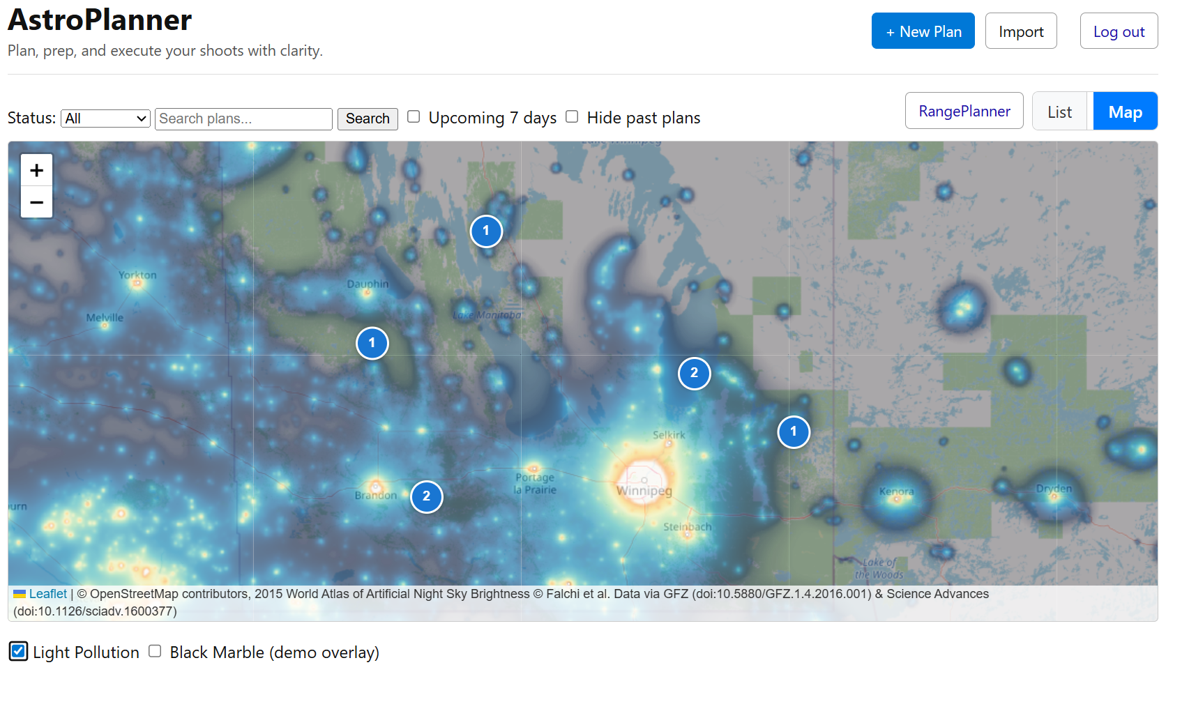  Map view with light pollution map toggled on 