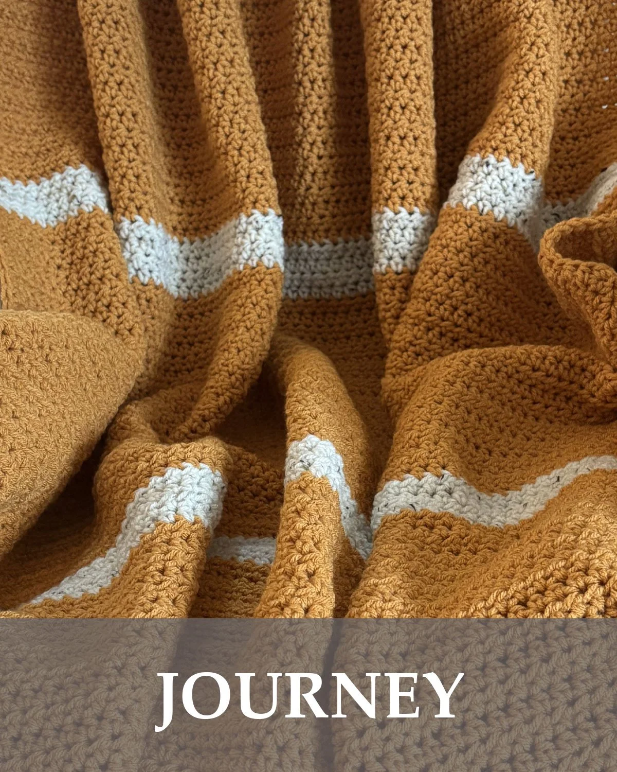 Handmade crochet throw blanket featuring a gold and cream tweed fleck striped design. Each blanket is crocheted by hand and makes a cozy one of a kind addition to a bedroom, living room, or reading space. Approximately 50" x 60"
