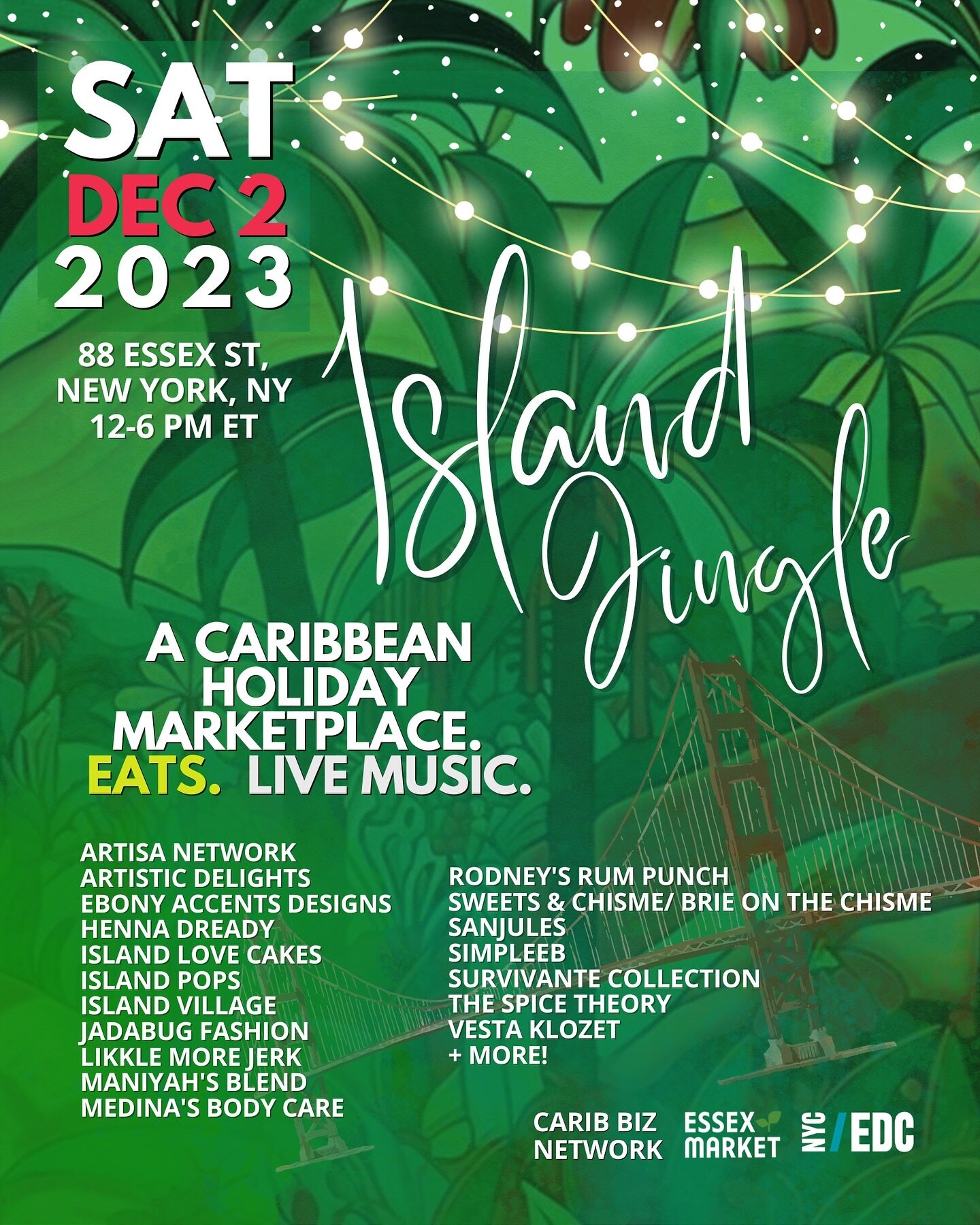 Wi looking forward to seeing wi famalay come out for a day of eats, shopping and live music! 

Island Jingle 2023 is back with all the festive Caribbean vibes. 

Date: Sat, 2nd Dec 2023
Time: 12-6 PM
Where: @essexmarket 88 Essex St. 
What: Family Fri