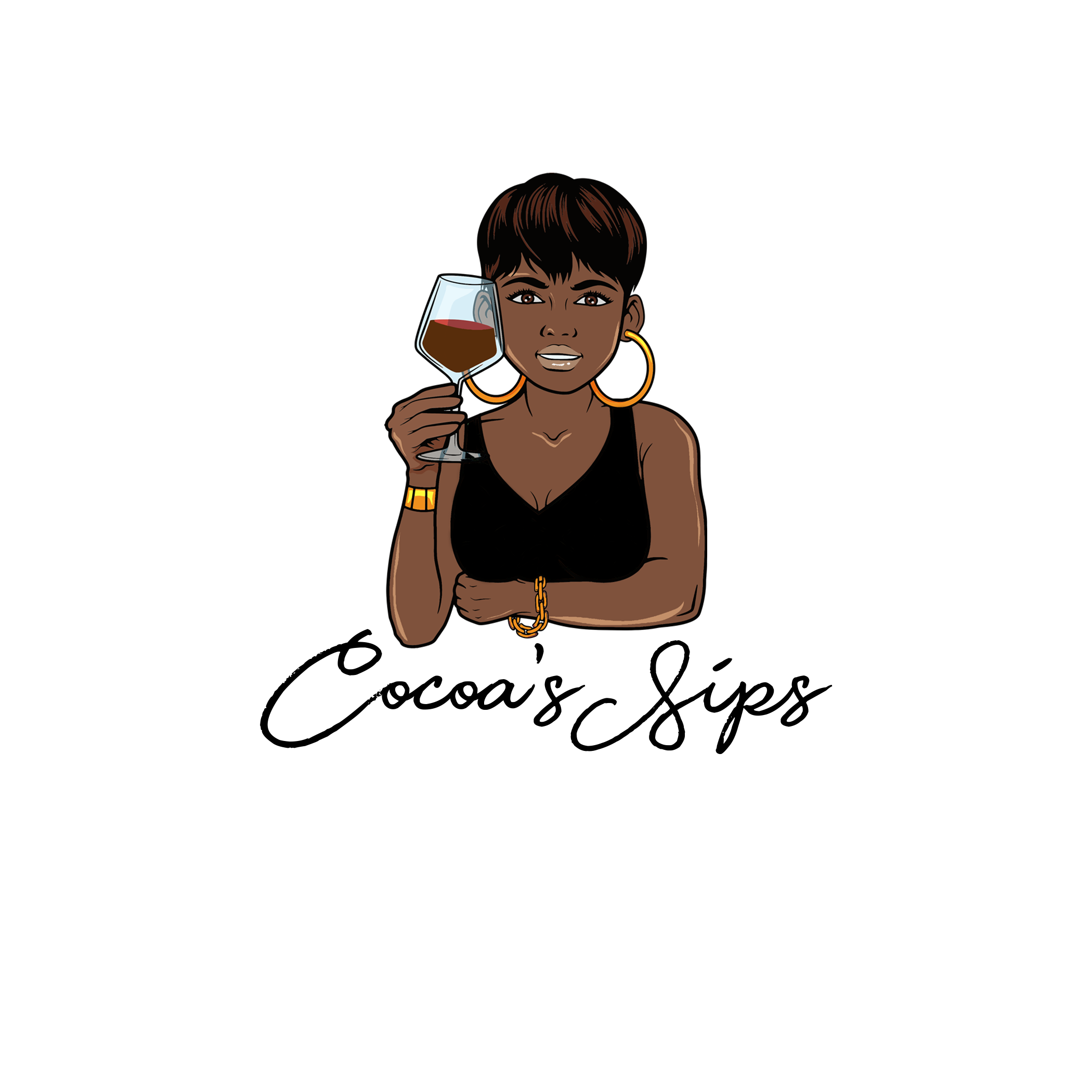 An illustrated woman with short brown hair, big hoop earrings, and gold jewelry, holding a glass of red wine, smiling.