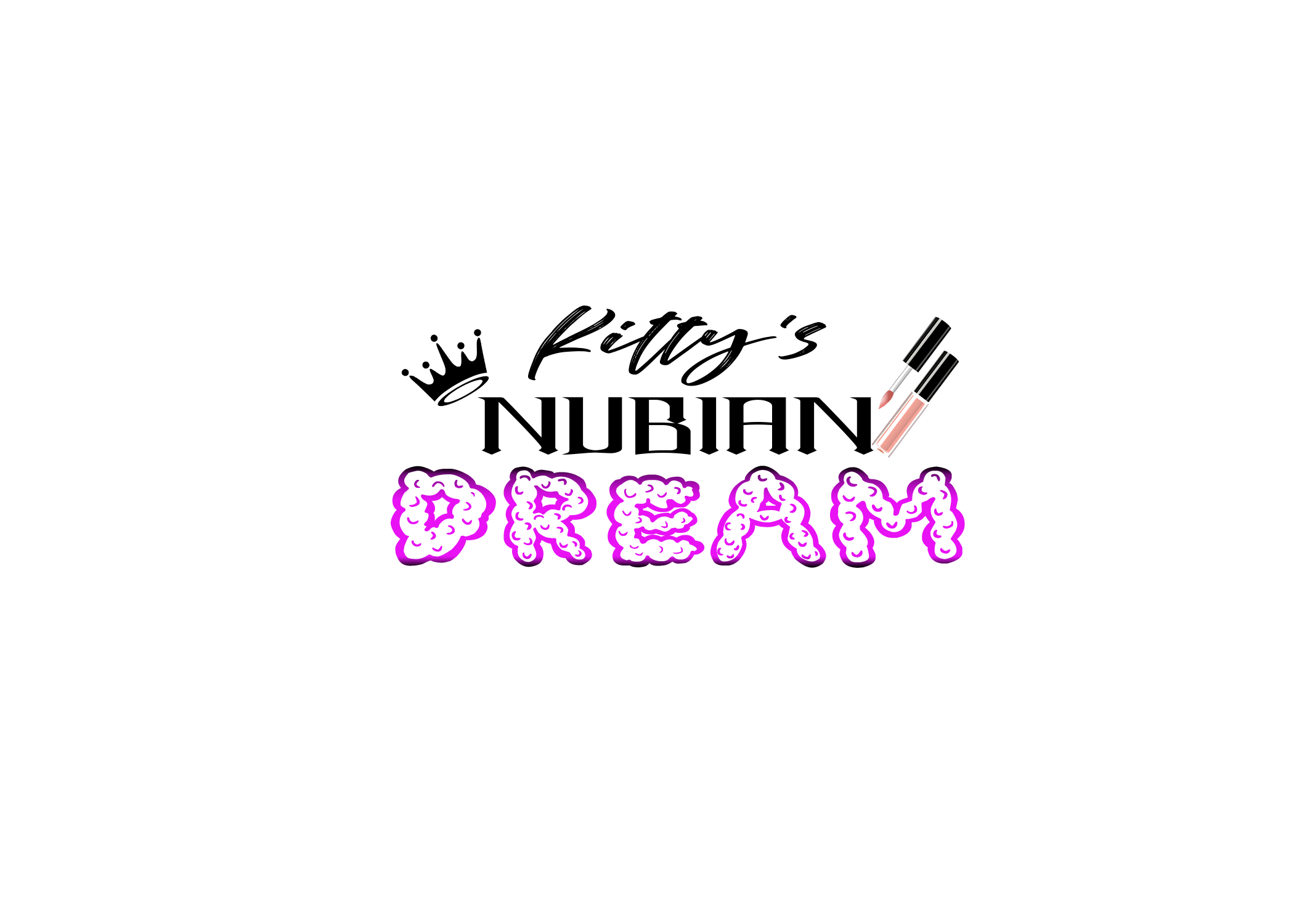A digital illustration showing a crown with a speech bubble next to it, a fountain pen, lipstick, and a stylized pink cloud with white abstract patterns inside it.