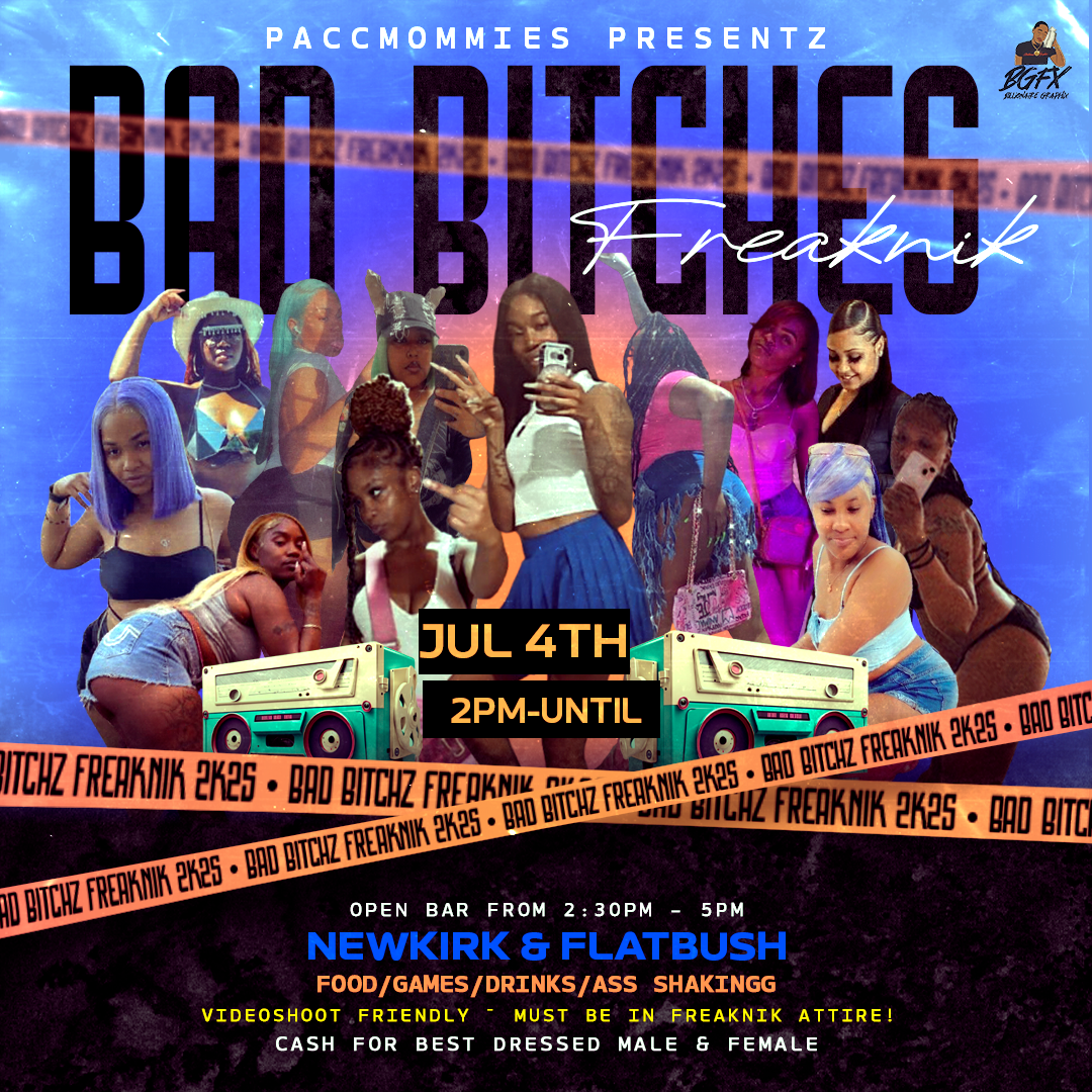 A promotional flyer for a party event featuring a collage of women, event details including date and time, location, and activities, with a background resembling a police tape and colorful, vibrant design elements.