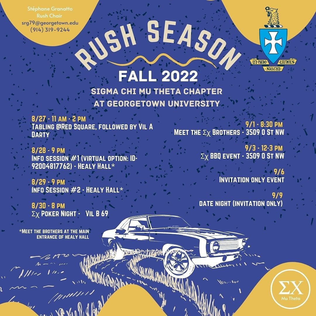 Hey Georgetown, Sigma Chi is ready to start rush season! Come meet the brothers and join one of the biggest fraternities in the country. Check out our events for Fall 2022, you won&rsquo;t want to miss it. #RushSigmaChi #InHoc #Since1855