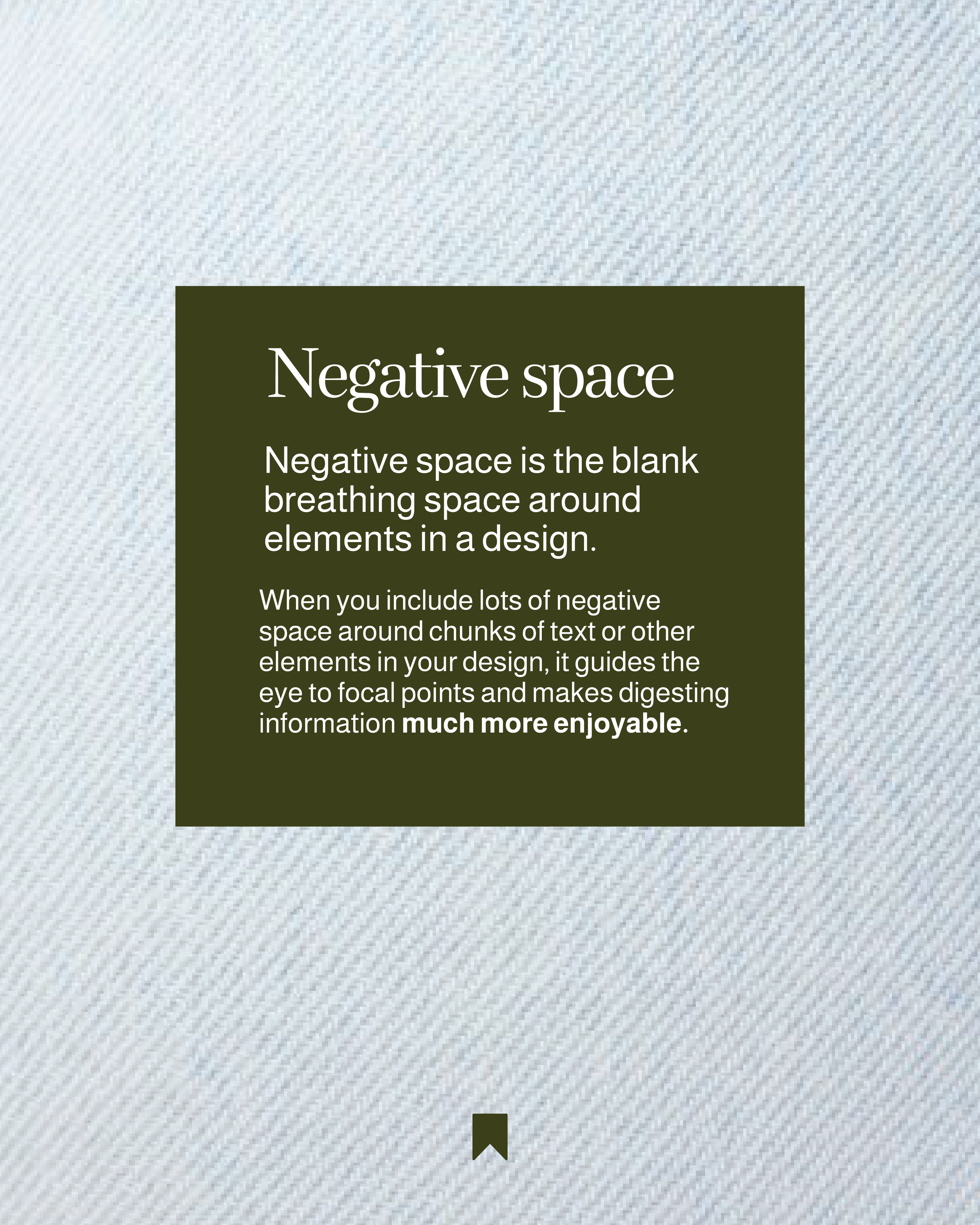 When you include lots of negative space around chunks of text or other elements in your design, it guides the eye to focal points and makes digesting information much more enjoyable.
