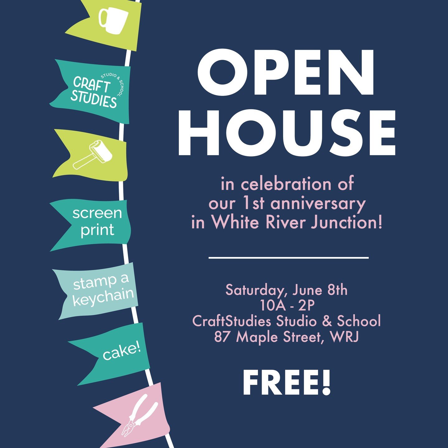 CraftStudies is proud to announce an Open House event on Saturday, June 8th to commemorate the first anniversary of classes, workshops, and community events in their White River Junction studios! The Open House promises a day filled with hands-on act