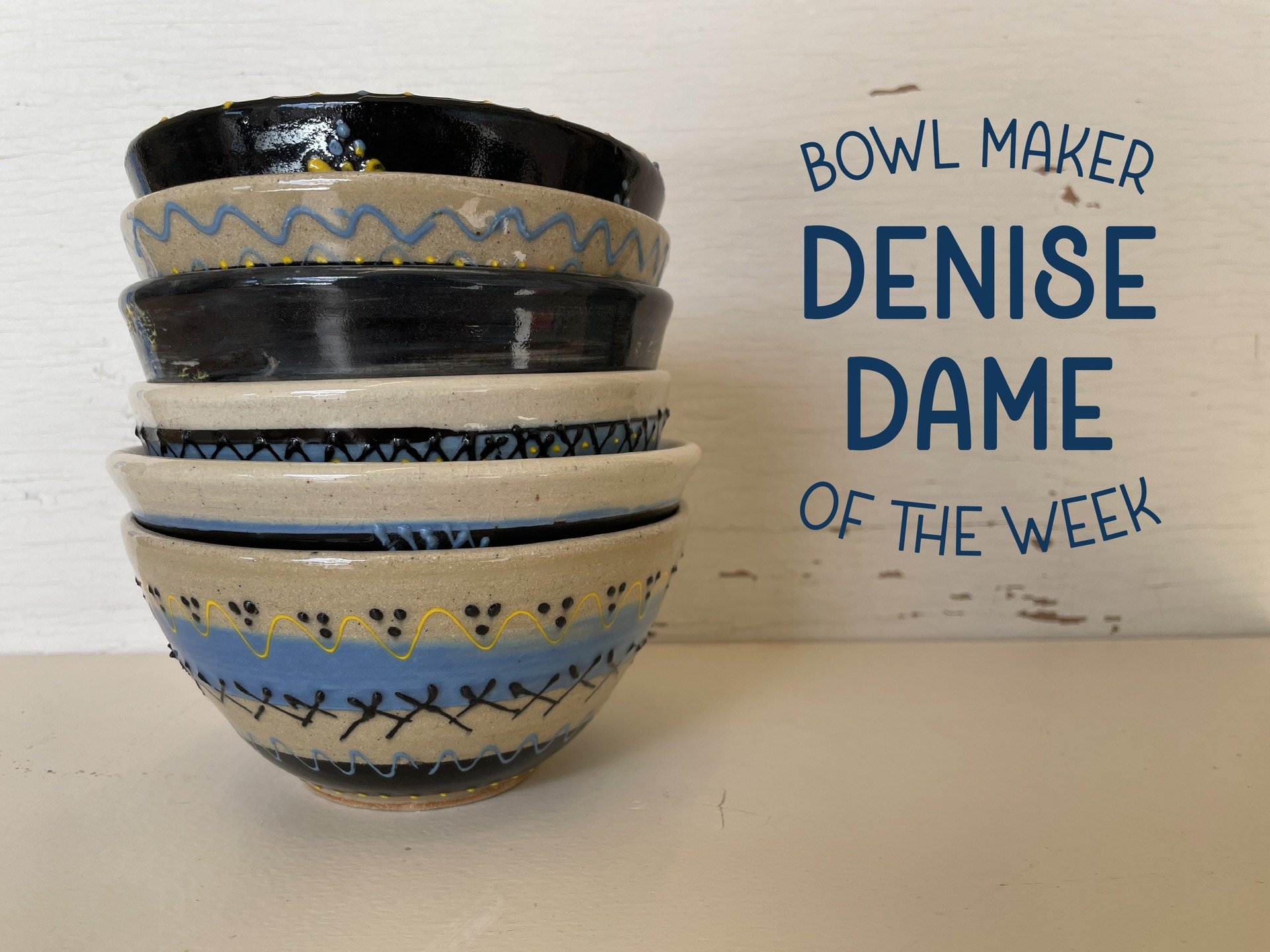 BowlFest 2025 is next Saturday, November 8th! This week's BOWL MAKER OF THE WEEK is teaching artist Denise Dame! Using colored slip, Denise has created delicate geometric and floral embellishments on her bowls. 

You could take home these or one of t