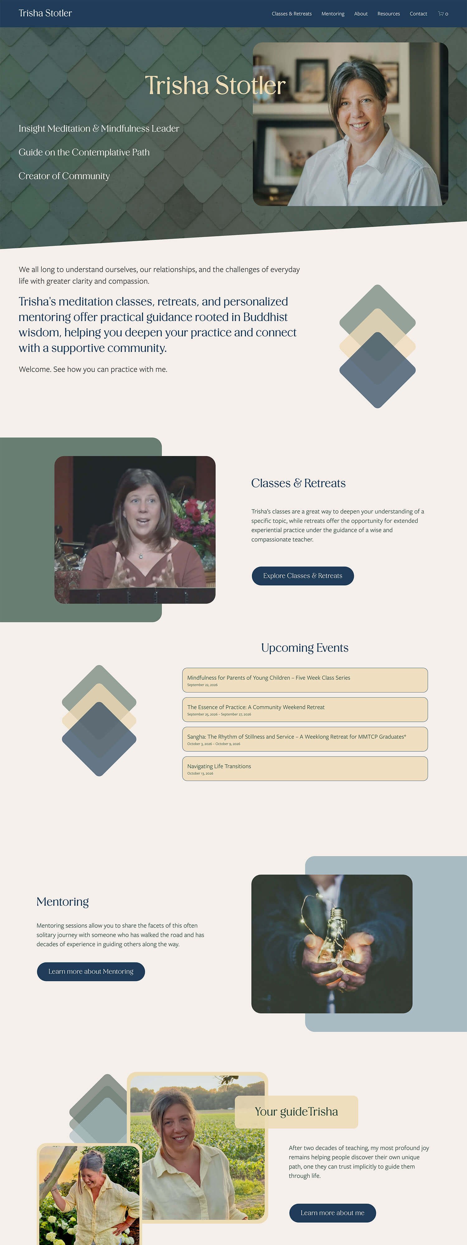 Meditation teacher home page website redesign after Squarespace Design Day