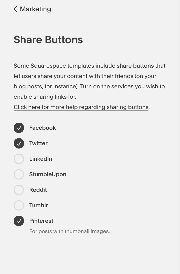 How to turn on sharing buttons in Squarespace