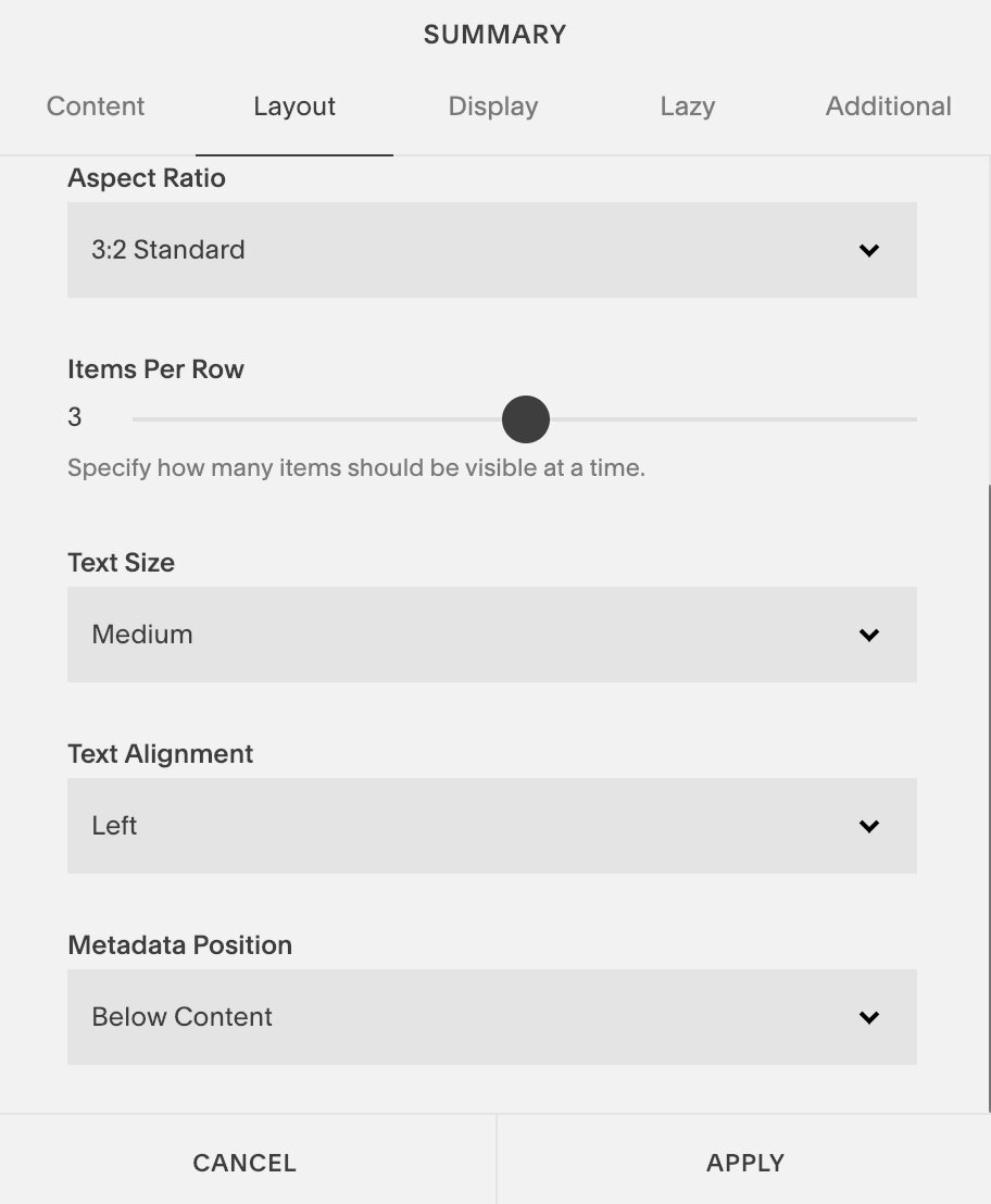 summary block settings for related posts in squarespace