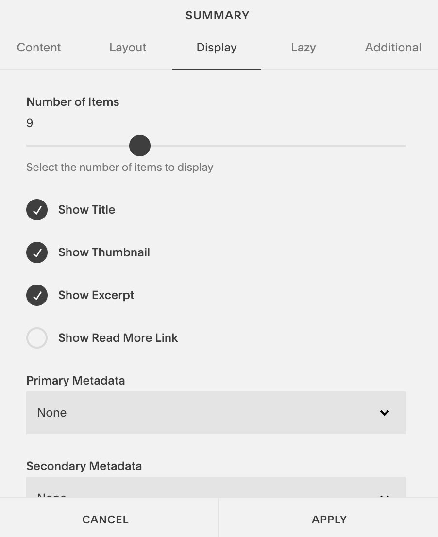 summary block settings to show title and thumbnail in squarespace related posts