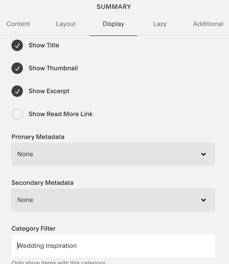 controlling metadata on summary block in squarespace related posts block