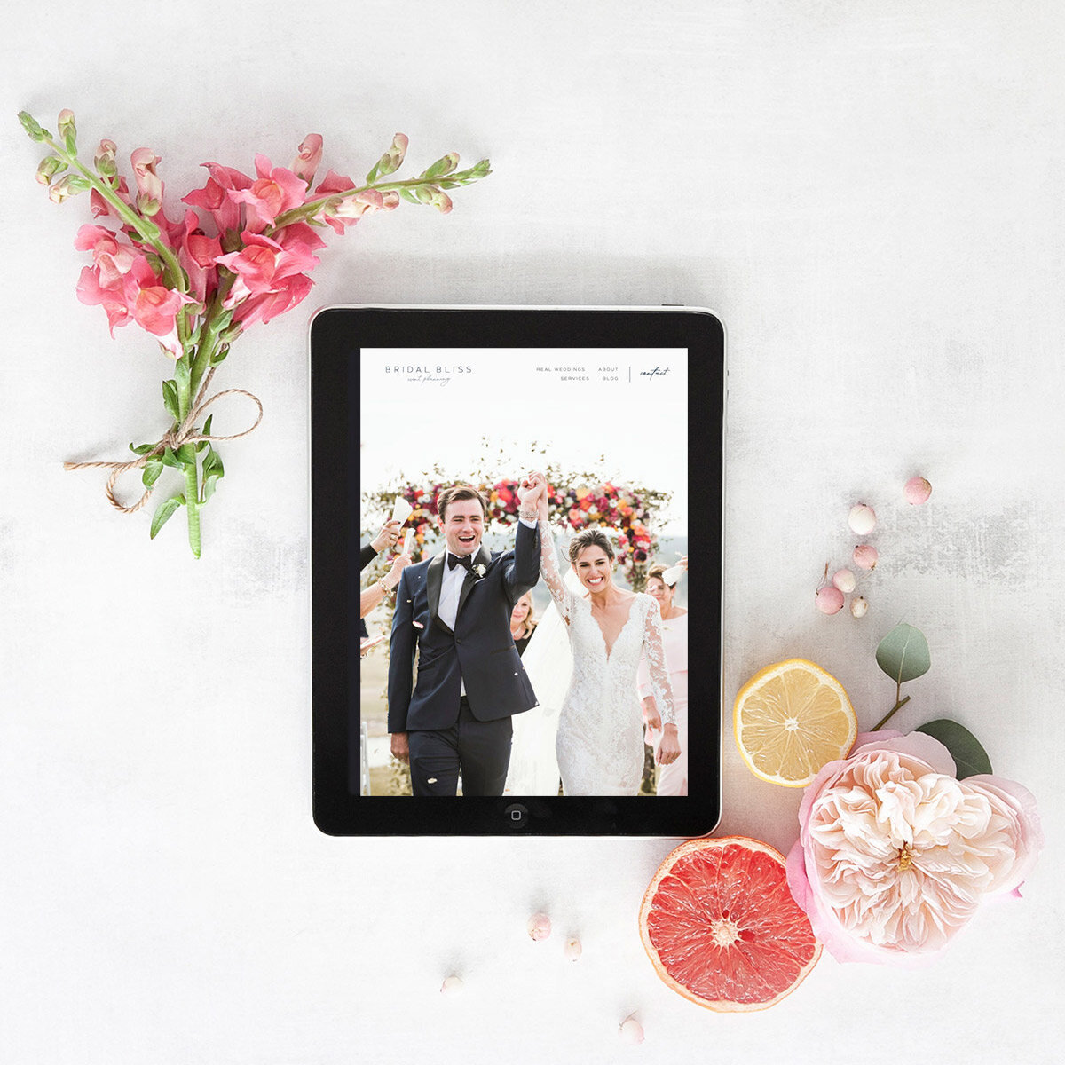 Bridal Bliss home page ipad with flowers square design by Jodi Neufeld Design.jpg