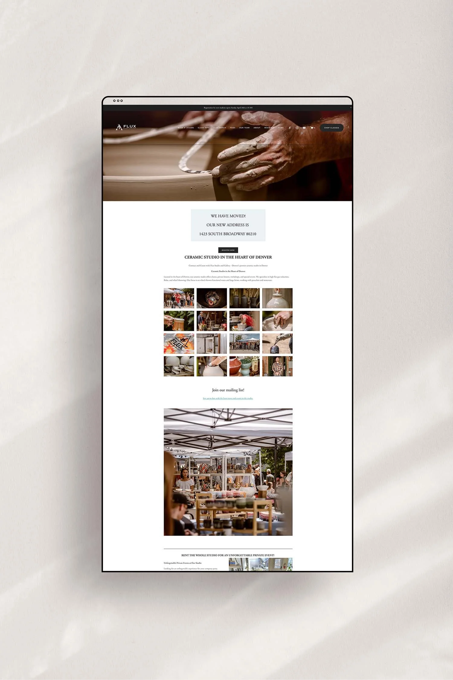Flux Ceramic Studio Home page before Squarespace website redesign.jpg