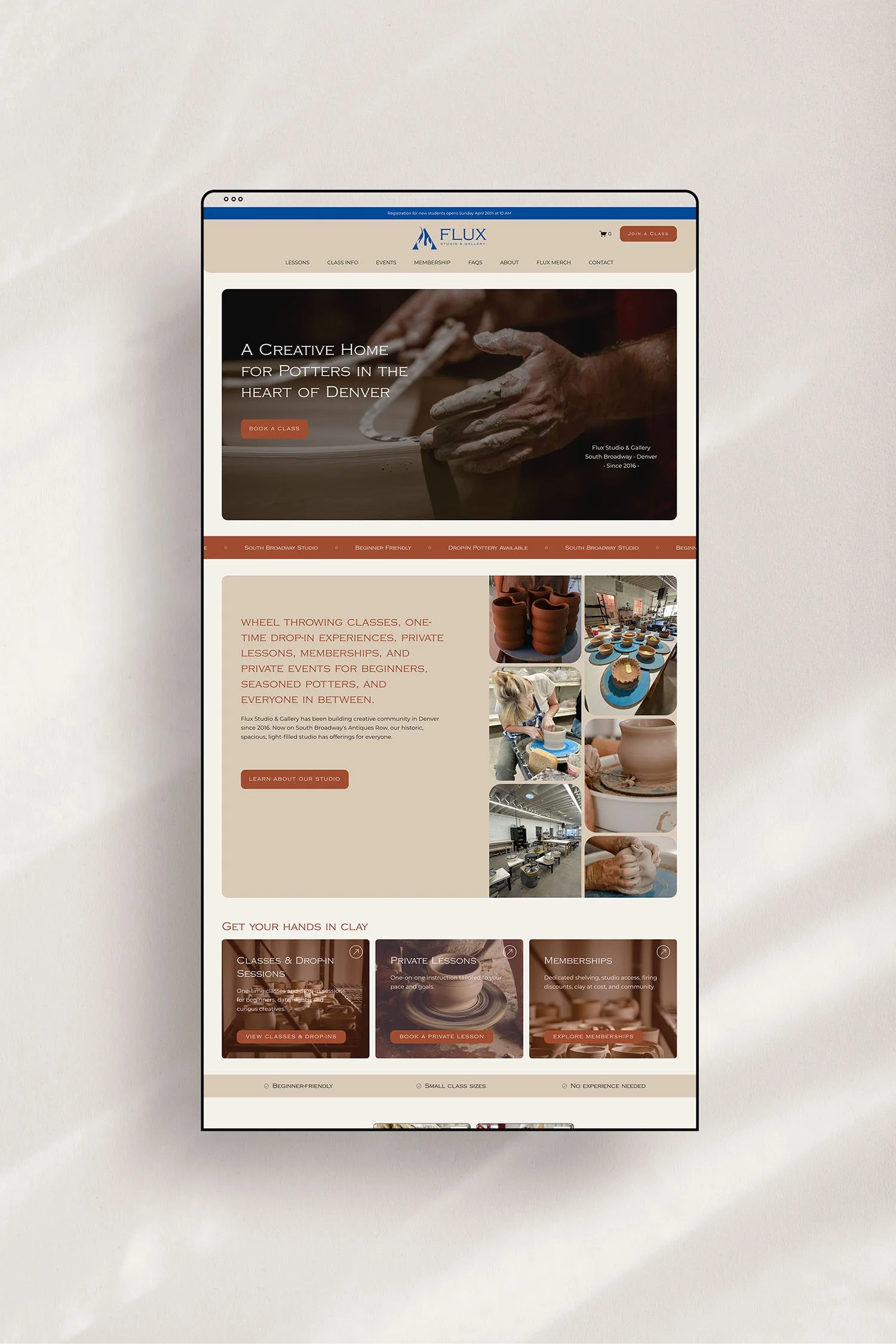 Flux Ceramic Studio Home page after Squarespace website redesign
