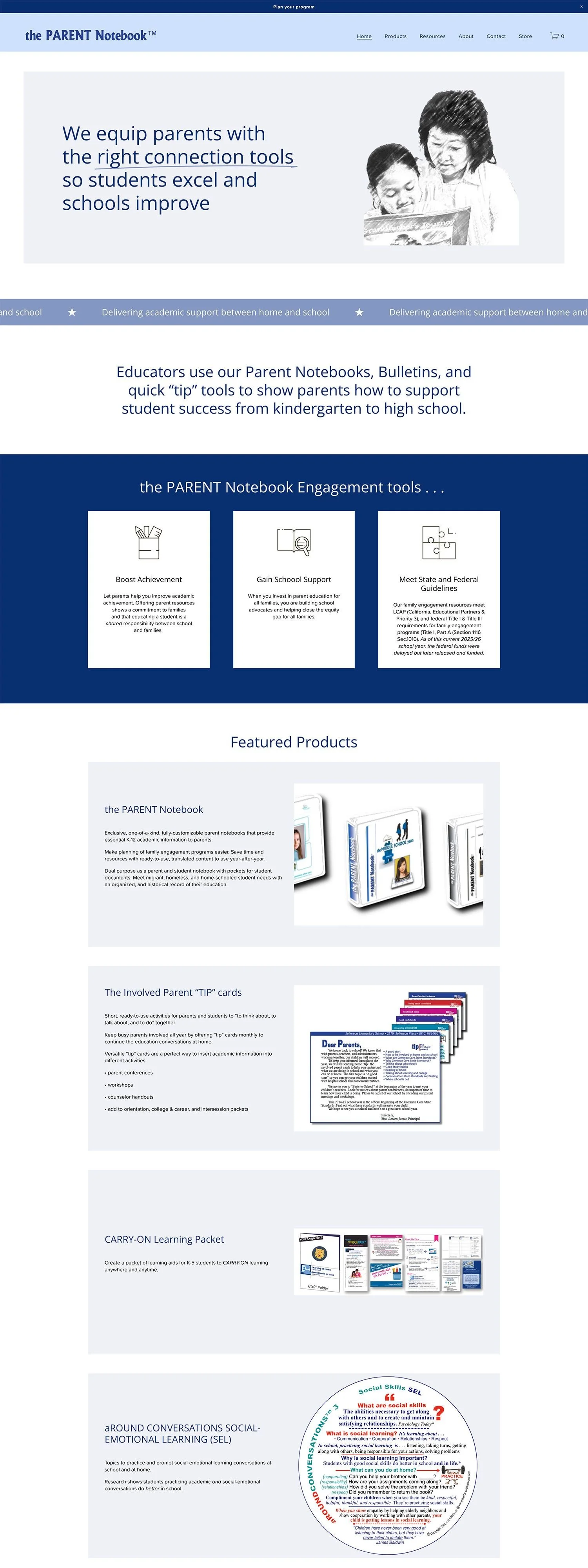 The Parent Notebook resources for Parents home page after Squarespace Design Day