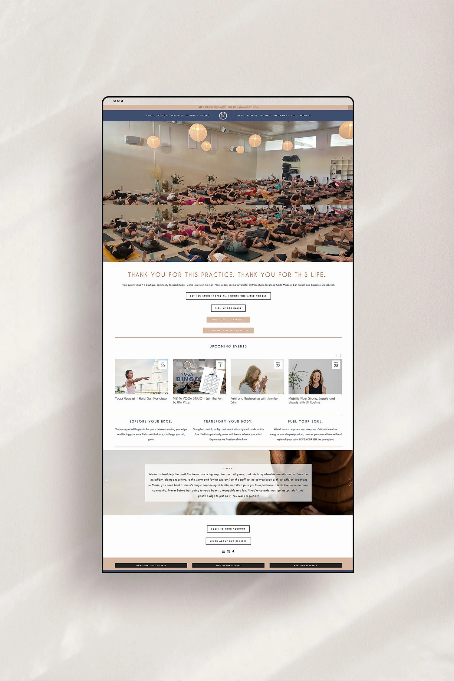 Metta Yoga Studio Home page before Squarespace website redesign
