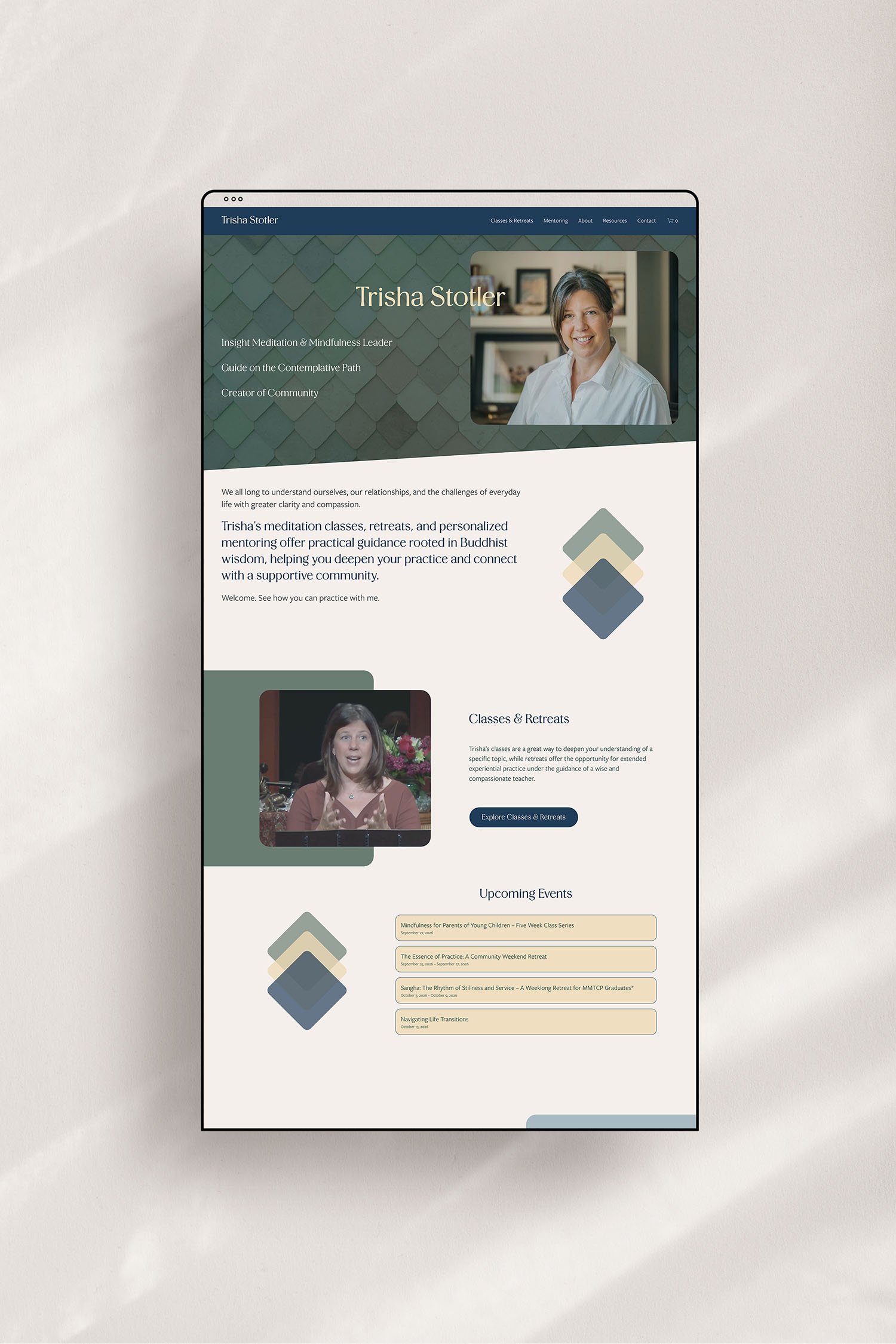 Trisha Stotler Meditation Coach Home page after Squarespace website redesign
