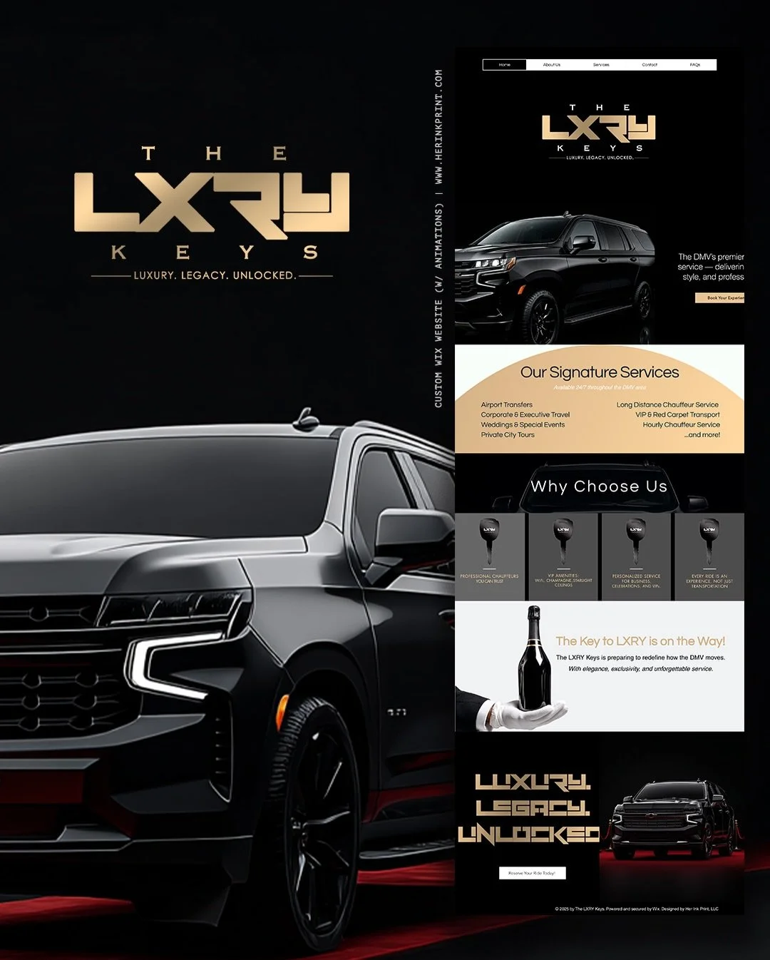THE LXRY KEYS 🍾 &mdash; The DMV&rsquo;s premier black car service! Delivering comfort, style, and professionalism. 

Services included:
- Customized Wix Website (w/ animations)
- Text-based Logo design 
- 1 Content Flyer for promotion 

Book with us