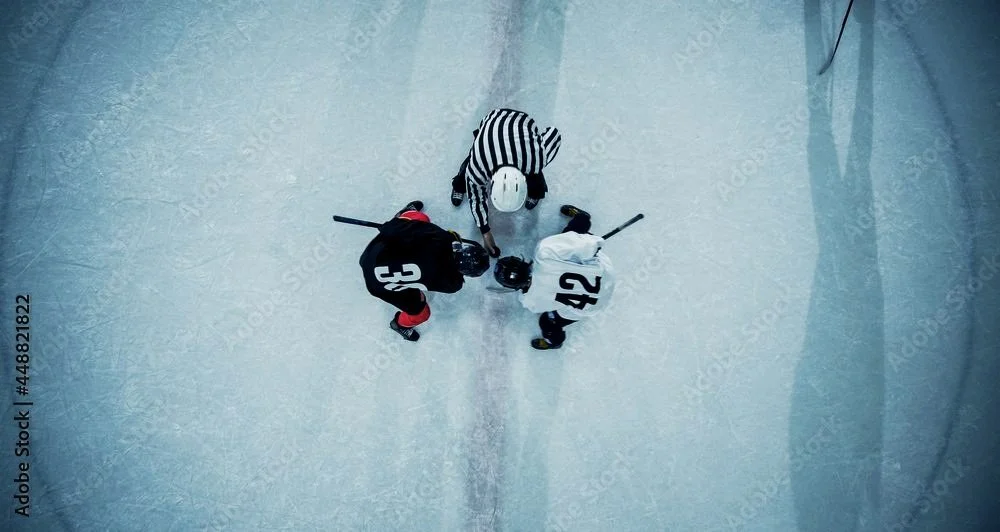 E01 - Top down shot skaters slid in to center ice face off