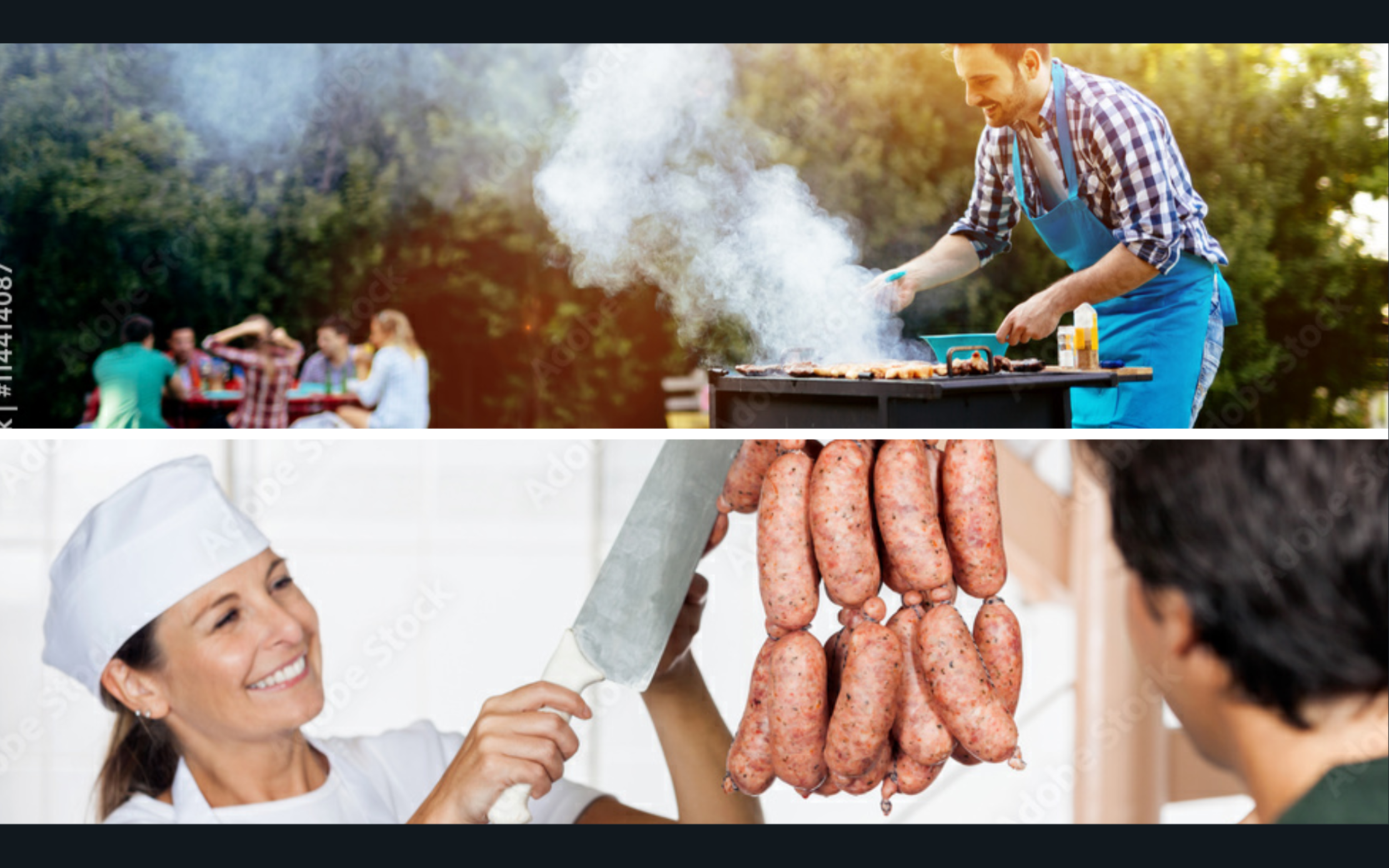 The butcher stands out of the display and lifts the plank up as the top grilling frame slides down into the edit. The butcher pass the cedar plank out of his potion of the split screen. (Match action Bolt camera move following the raw salmon to the c