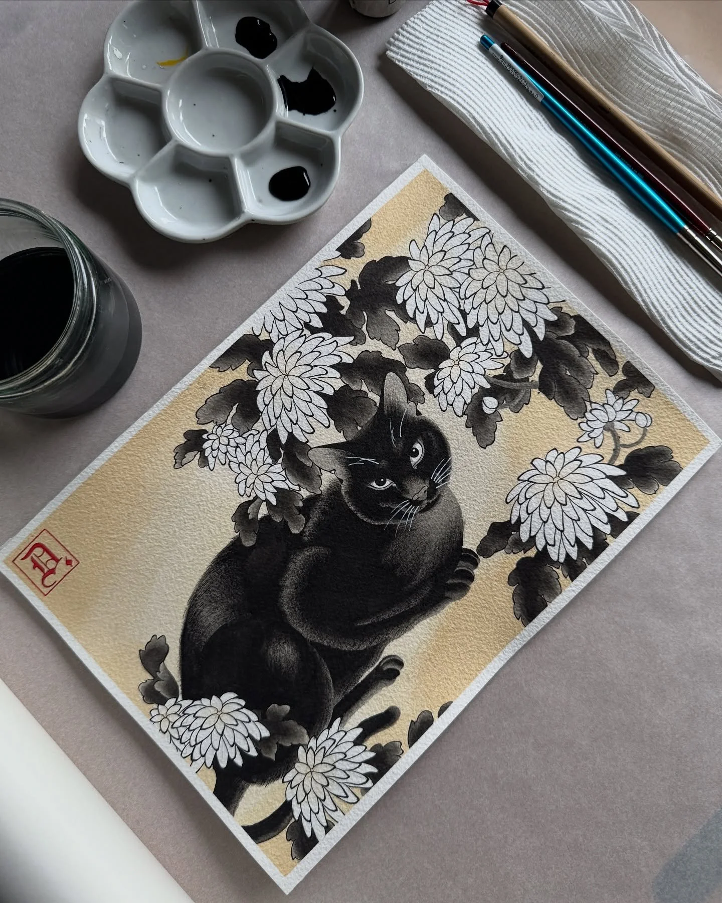 Not my usual subject matter; but this was a birthday gift for my wife @anjaakarki. 
A painting of our very own domestic terrorist, Minky. 

This was done with brushes and diluted indian ink on 300GSM Arches. 

Happy birthday Anja, love you! 

#cat #p