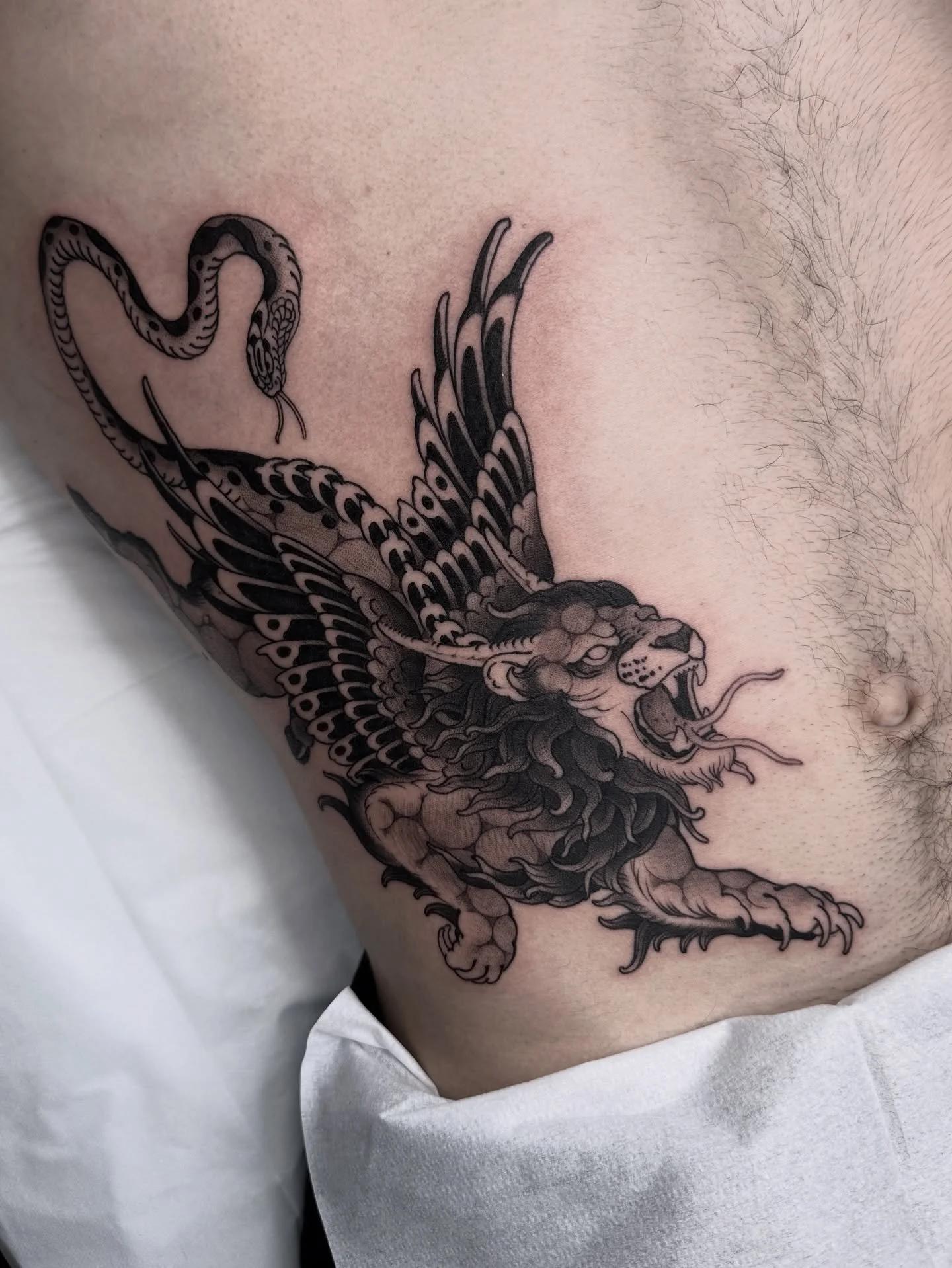 Chimera 
Thanks for the fun concept Jake! 

Limited spots left Feb. &amp; March (Booking link in bio) 

@lighthouse_tattoo 

#tattoo #blackwork #snake #lion #chimera