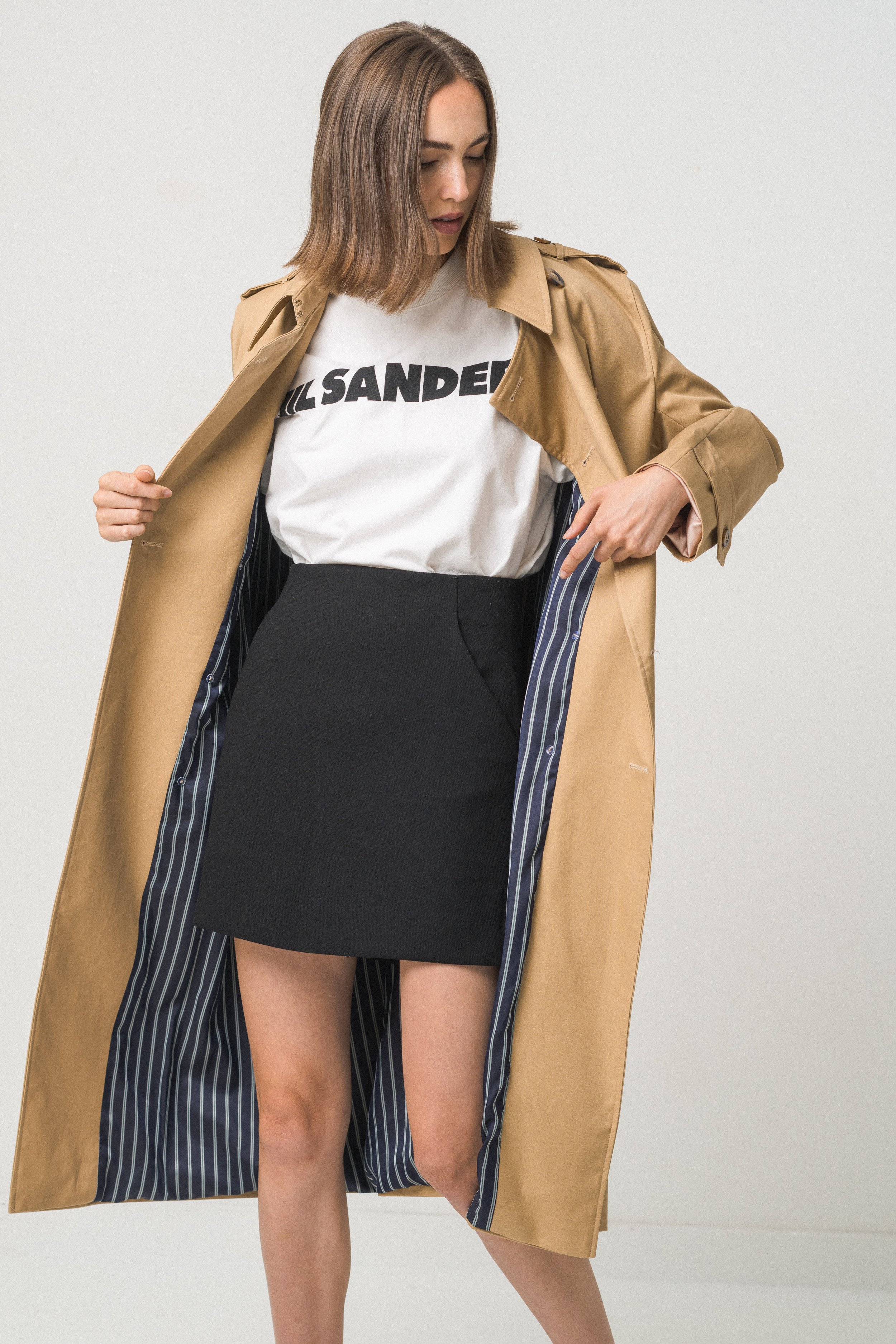 classic trench coat navy pin-striped lining double-breasted trench coat
