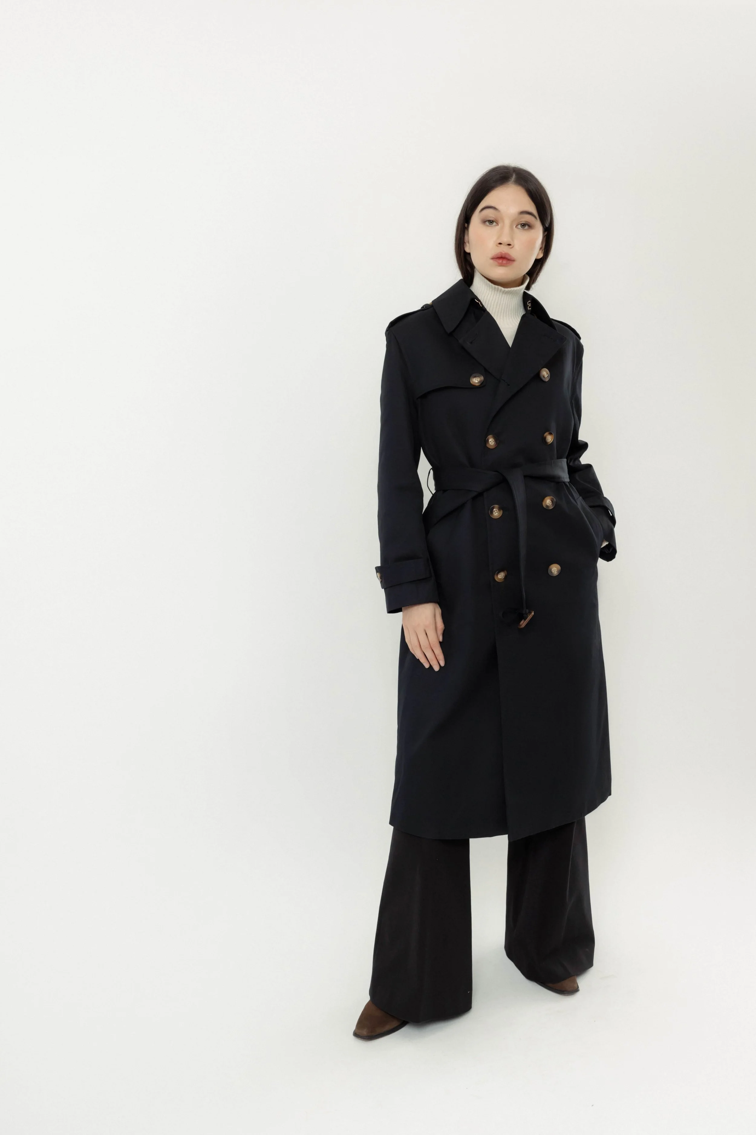 Roz x Heather Lynn limited edition navy trench coat, organic cotton, back view