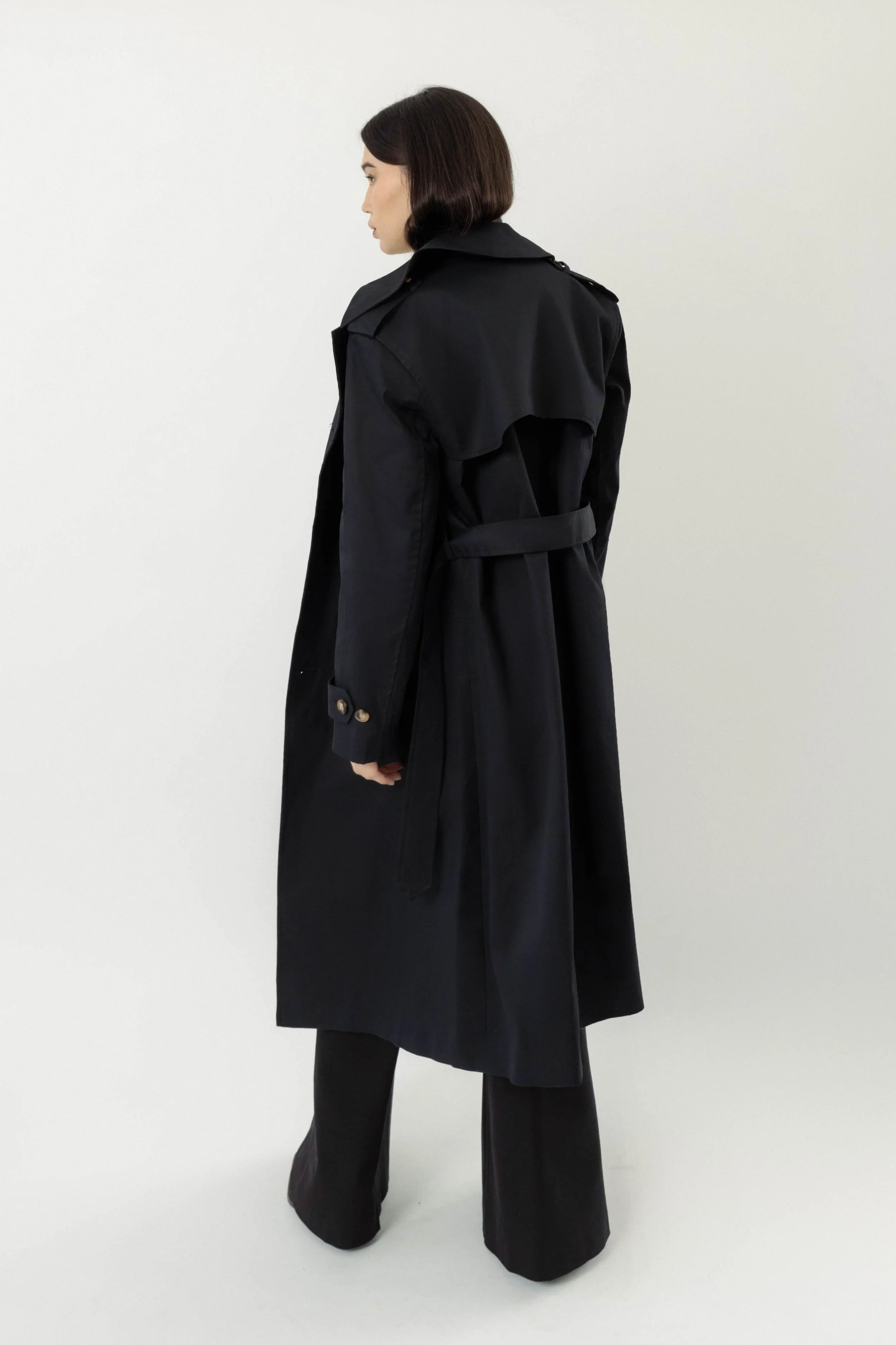 Roz x Heather Lynn limited edition navy trench coat, organic cotton, back view