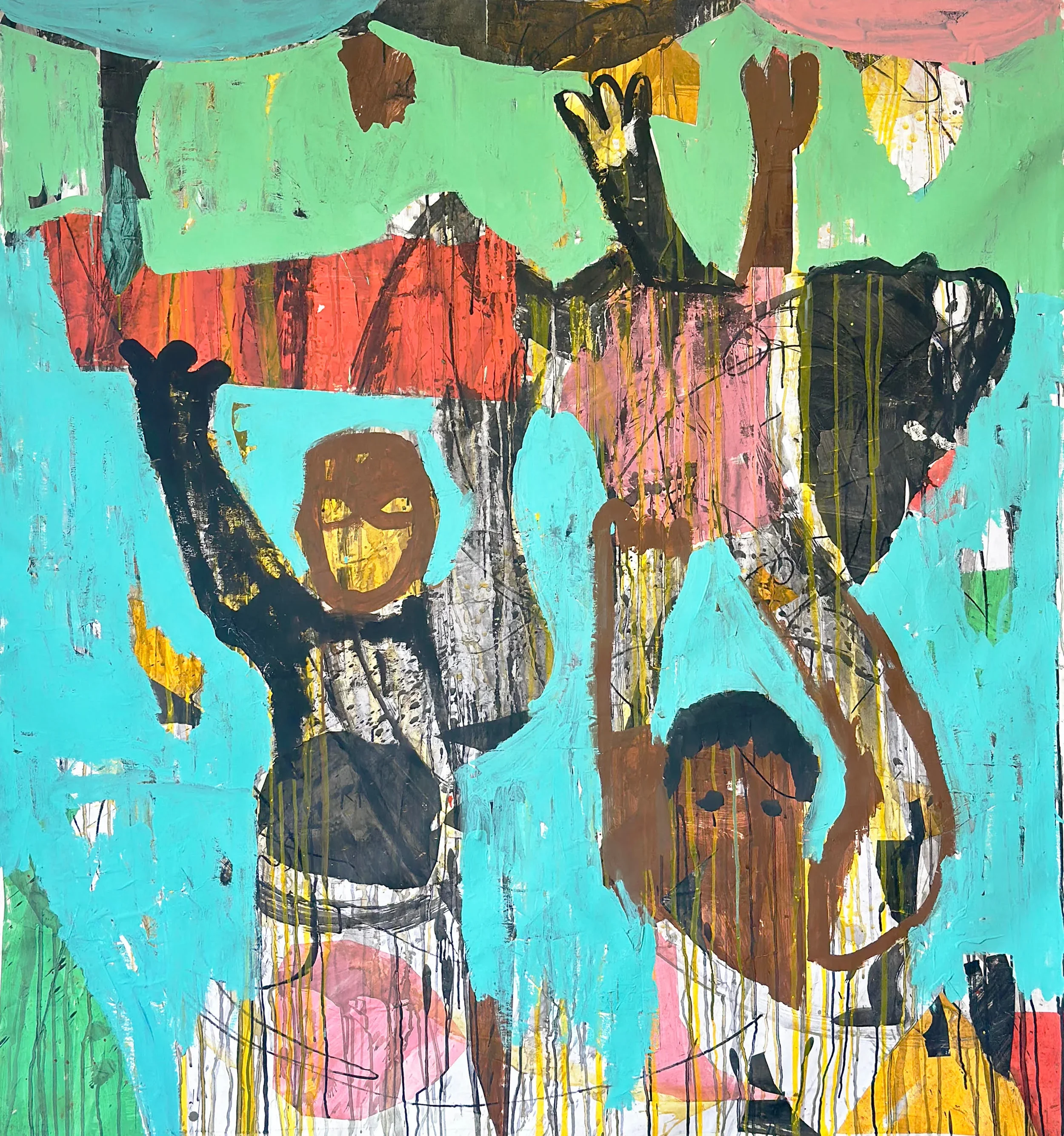 Abstract painting depicting two faceless figures holding umbrellas. The figures are outlined in black, with one raising an arm and the other holding an umbrella. The background features bright splashes of blue, pink, green, red, yellow, and black, with paint drips and streaks adding to the dynamic, expressive style.