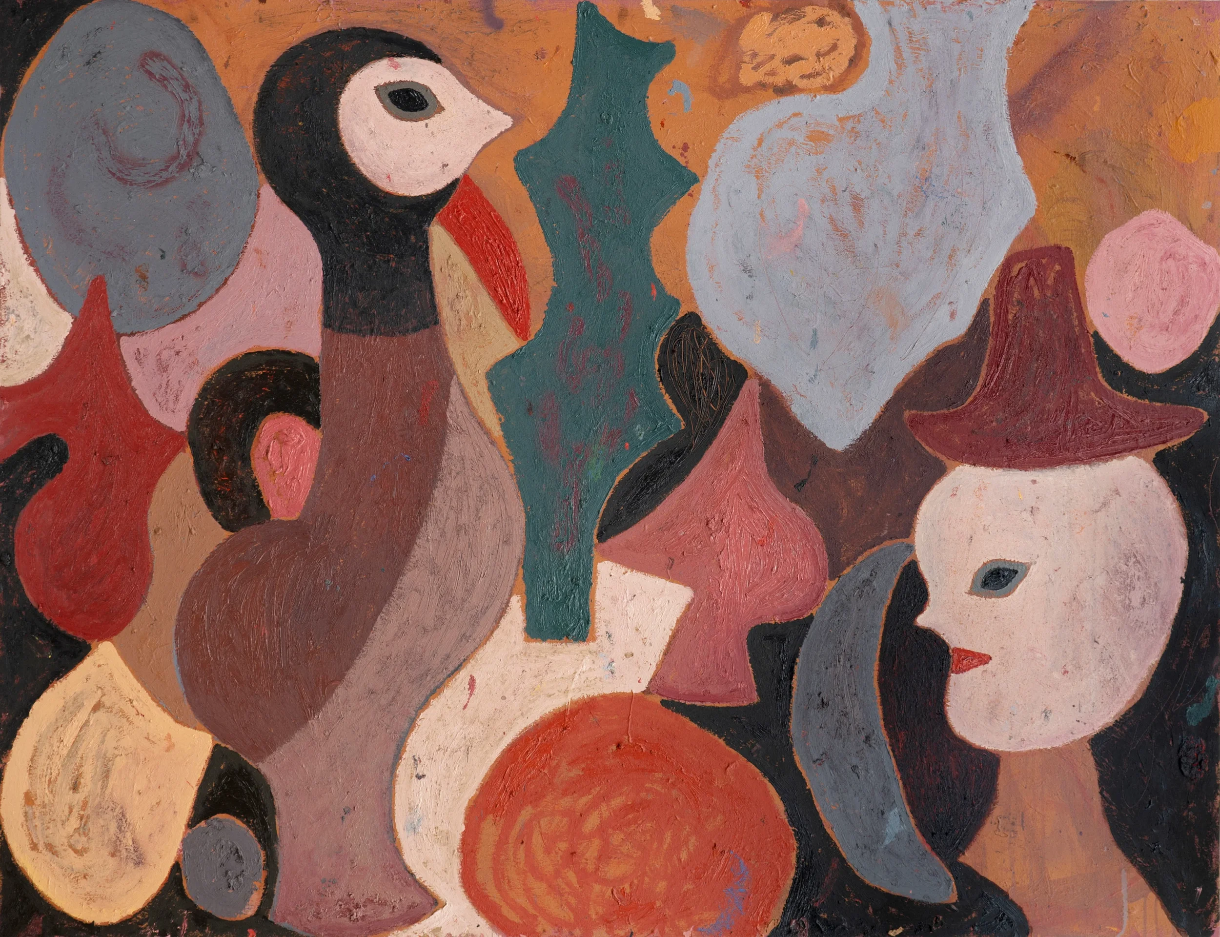 Abstract painting with stylized human and animal figures, including a bird with a long neck, faces, and other shapes in earth tones like browns, reds, and greens.