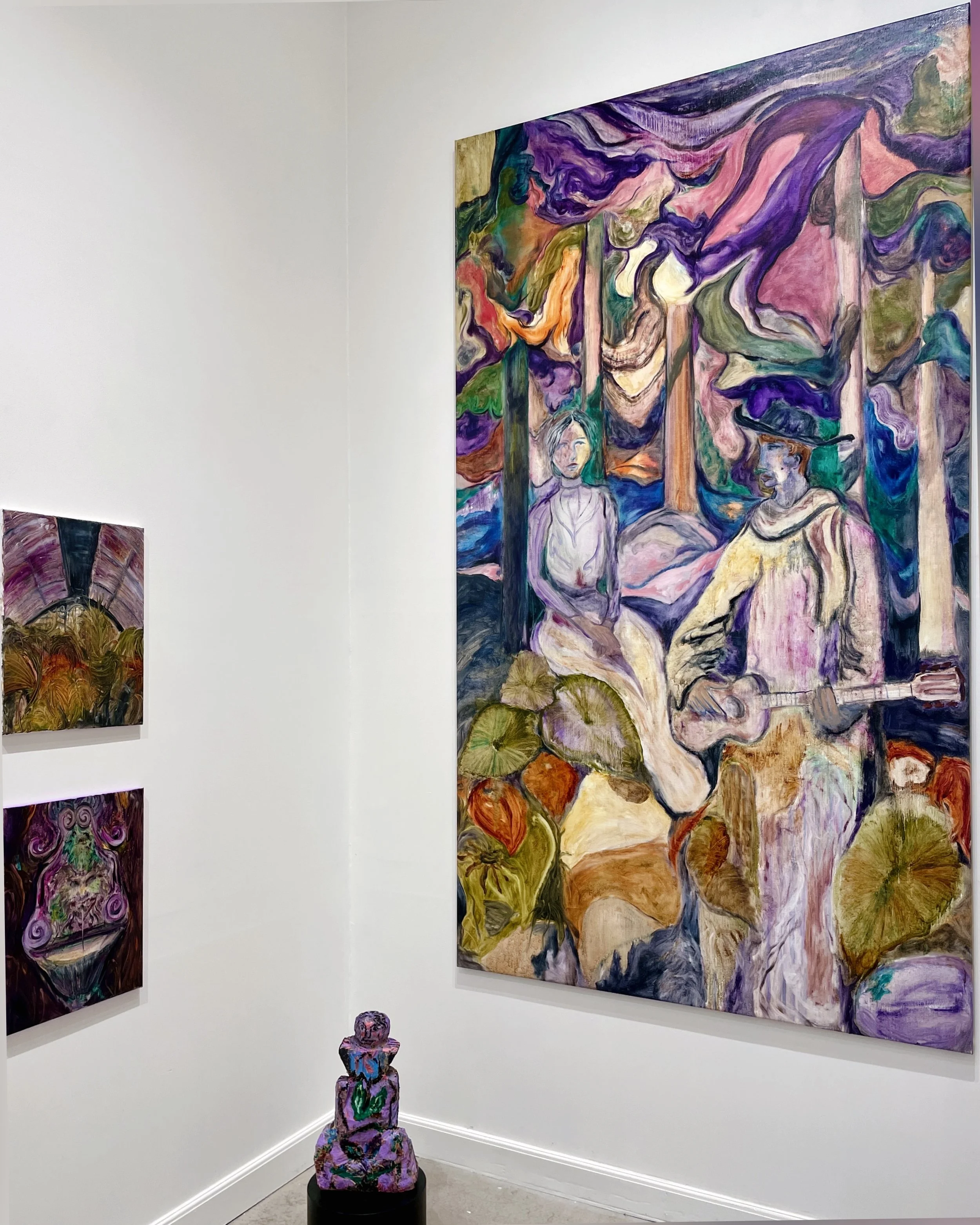 Colorful abstract artwork showing two figures, one playing guitar, in a surreal landscape with trees and vibrant sky.