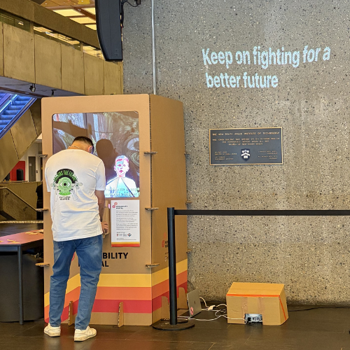 Man typing a promise into the Possibility Portal