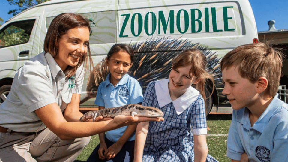 Children and educator with blue tongue lizard in front of zoomobile