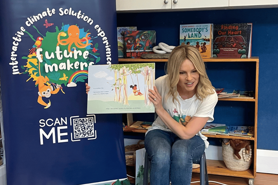 Woman reading a book to children