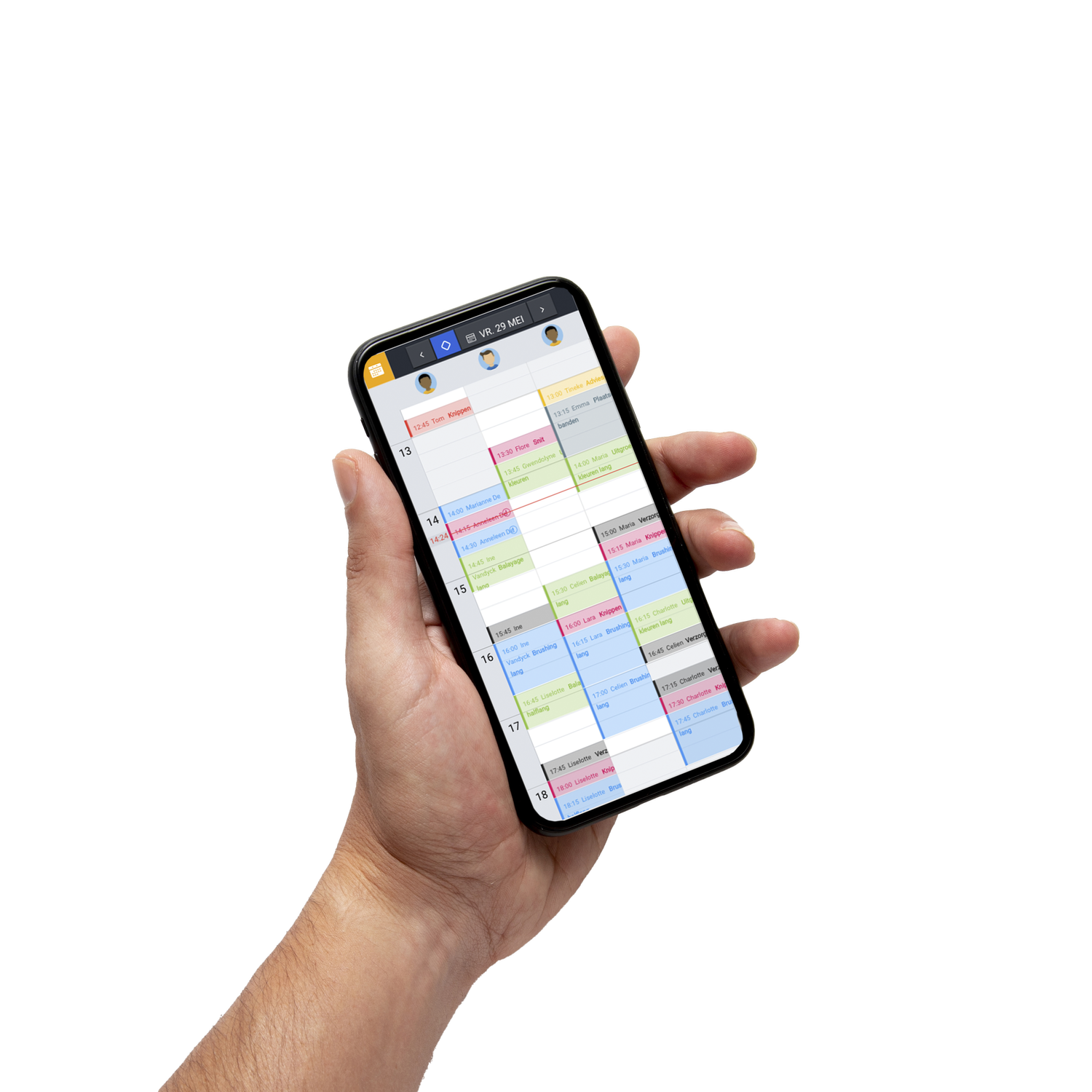 L'agenda d'Optios sur un smartphone : le planning quotidien d'un salon comptant plusieurs collaborateurs, affichés côte à côte.