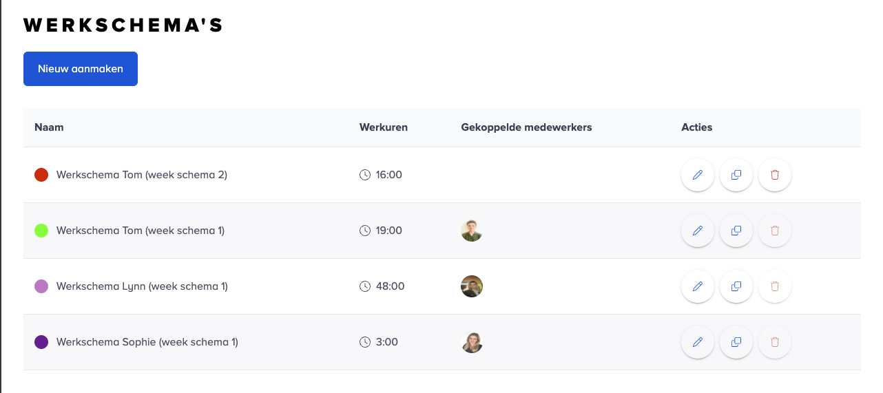 Overzicht van werkschema's in Optios, met per schema het aantal werkuren en de gekoppelde medewerkers.