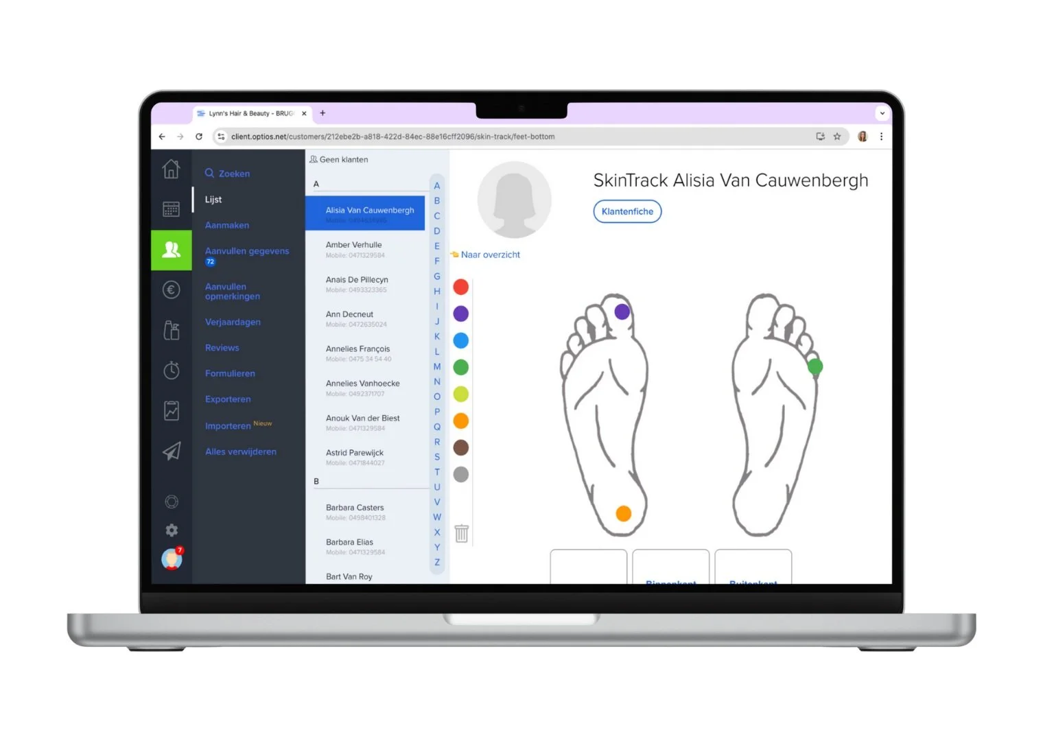 Laptop screen with an app that analyzes foot reflexology, with foot diagrams and color coding for different zones.