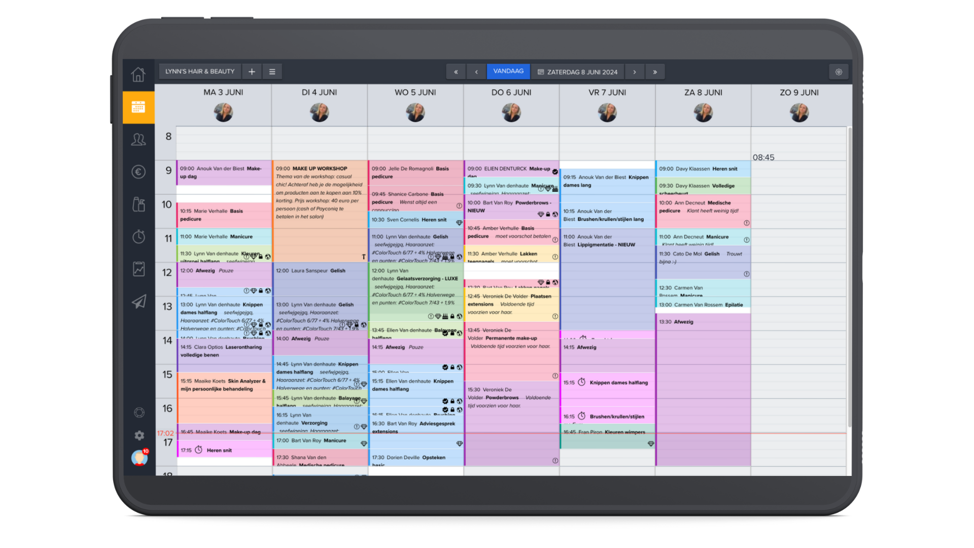 Digital calendar on tablet with different color appointments, dates and times for each day of the week, unfolded with a menu on the left and navigation bar at the top.