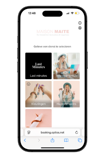 Screenshot of a mobile app interface with options for booking beauty and beauty services, including "Last minutes," "Info moments," "Colorings," "Hair extensions.