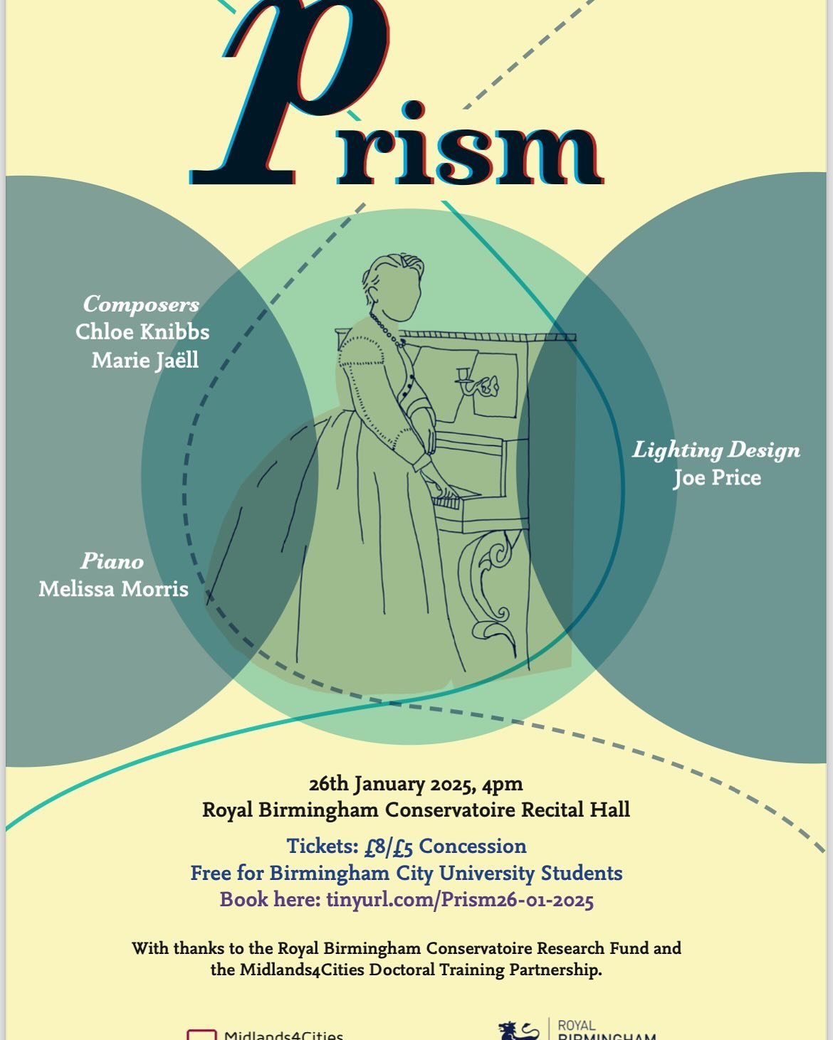 Prism | 4pm @royalbirmcons Recital Hall, this Sunday 🌟 |
Pianist @melissamorrismusic  Lighting @joe2dp  Composer Chloe Knibbs and #marieja&euml;ll  Come join us for an afternoon of piano music inspired by C19th French composer #marieja&euml;ll , imm